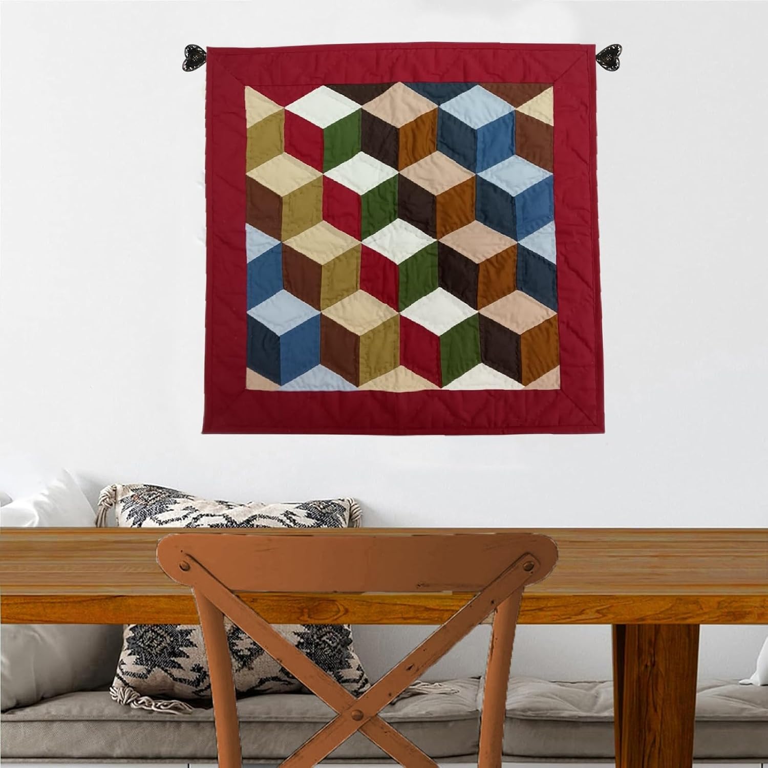 Hand Quilted 19"x19" Tumbling Block Multi Cotton Quilt Block Wall Hanging Table Topper with Rod Pocket | Primitive Farmhouse Decor