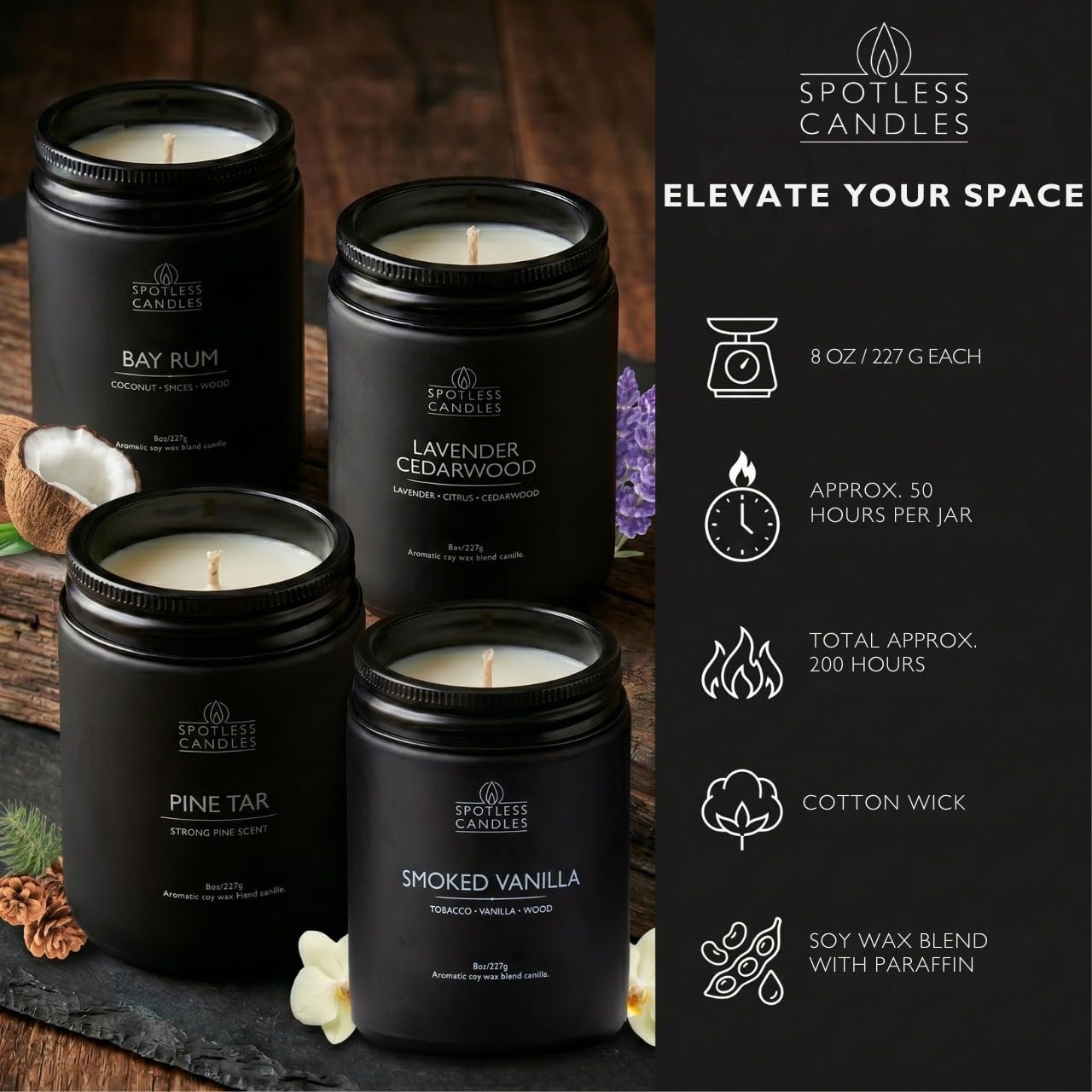 Spotless Candles Coffret cadeau avec 4 bougies parfumées pour homme 226,8 g Rum de baie, goudron de pin, vanille fumée, lavande et bois de cèdre 200 heures de combustion, bocaux en verre noir mat