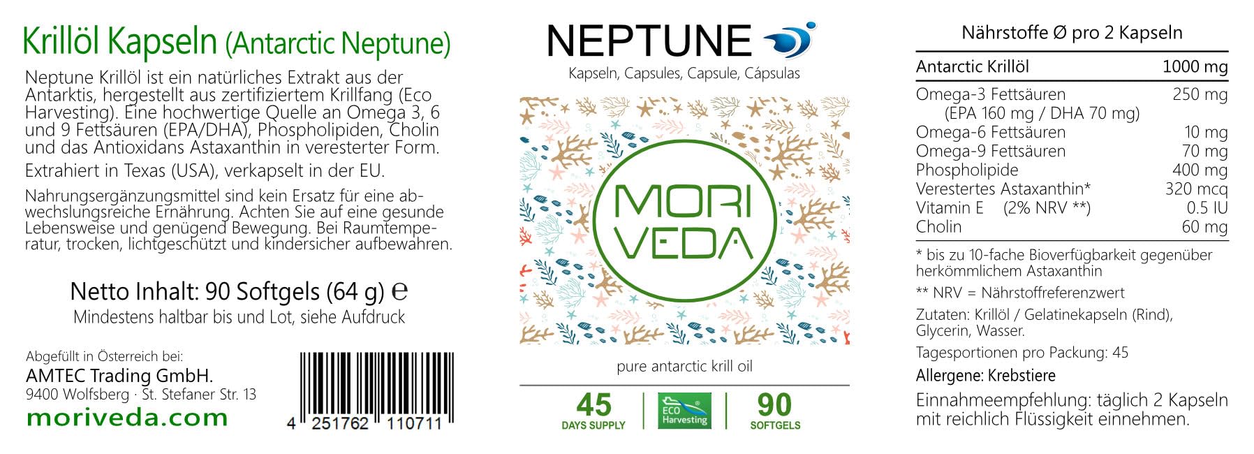 Moriveda NEPTUNE Capsules d’huile de krill, 90 softgels, réserve de 45 jours, avec Oméga-3 6 9 (EPA/DHA), antioxydants, vitamine E & choline, certifié MSC & durable