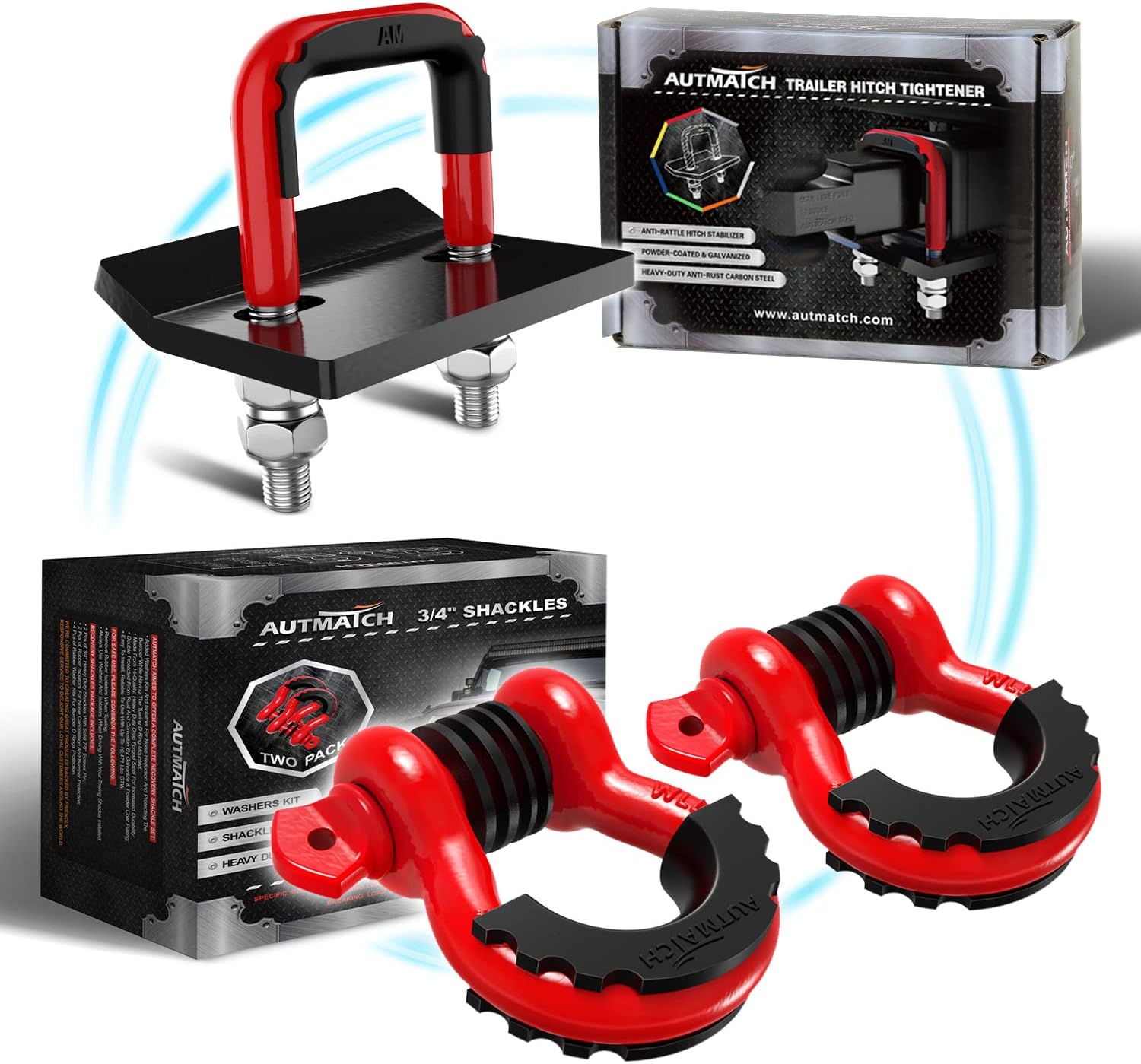 AUTMATCH 3/4" D Ring Shackle and Hitch Tightener Anti-Rattle Clamp with Rubber Isolator, Hitch Stabilizer for 1.25 and 2 inch Trailer Hitches Jeep Tow Strap Off Road Vehicle Recovery, Red & Black