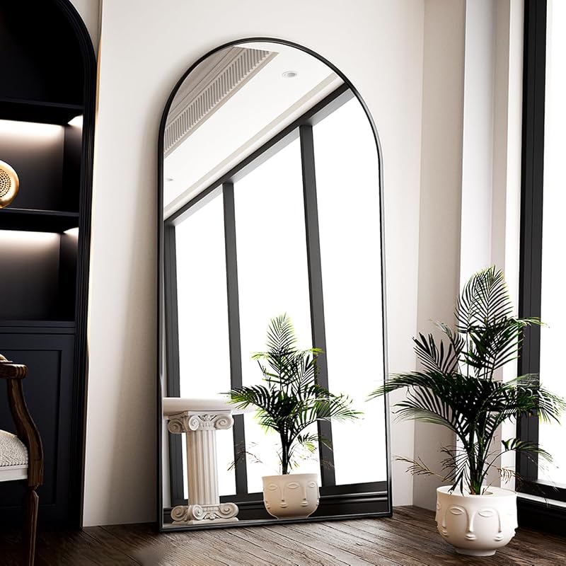 BEAUTYPEAK Ívelt Álló Tükör 180x76 cm - Fekete Alumínium Keretes Teljes Alakos Fali Tükör Nappali Szobába, Öltözködéshez