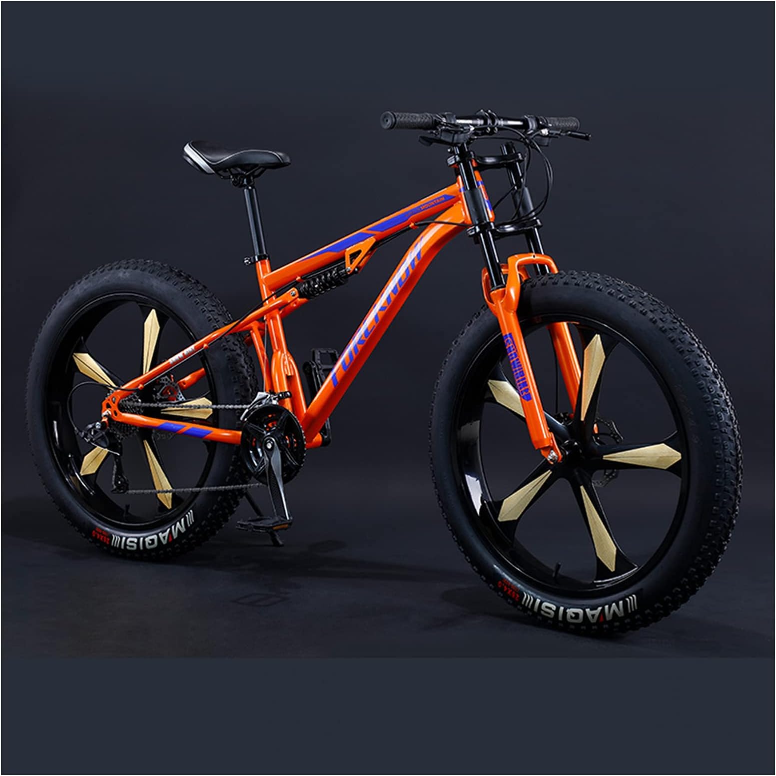 Mountain Bikes Men 26 Inch Adult Fat Tyre Mountain Bike with Full Suspension, High-carbon Steel Large Frame Dual Disc Brake Giant Bicycle,Orange 5 Spoke,21 Speed