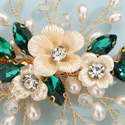 Miniatura 5 de Teyglen Pinza para el pelo de novia de cristal, flores de boda, pinzas para el cabello con diamantes de imitación verdes, perlas hechas a mano,