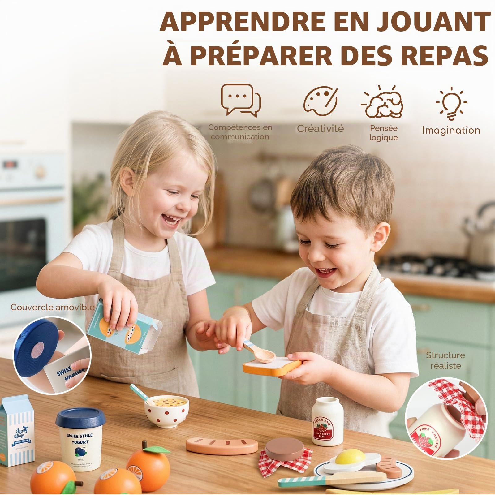 Lehoo Castle Cuisine en Bois Enfant, Jeu d'imitation Jeux Fruits a Decouper, Dinette avec Sac de Rangement, Jouets en Bois Cadeau Enfant Fille Garcon 2 3 4 5 6 Ans (Petit déjeuner)