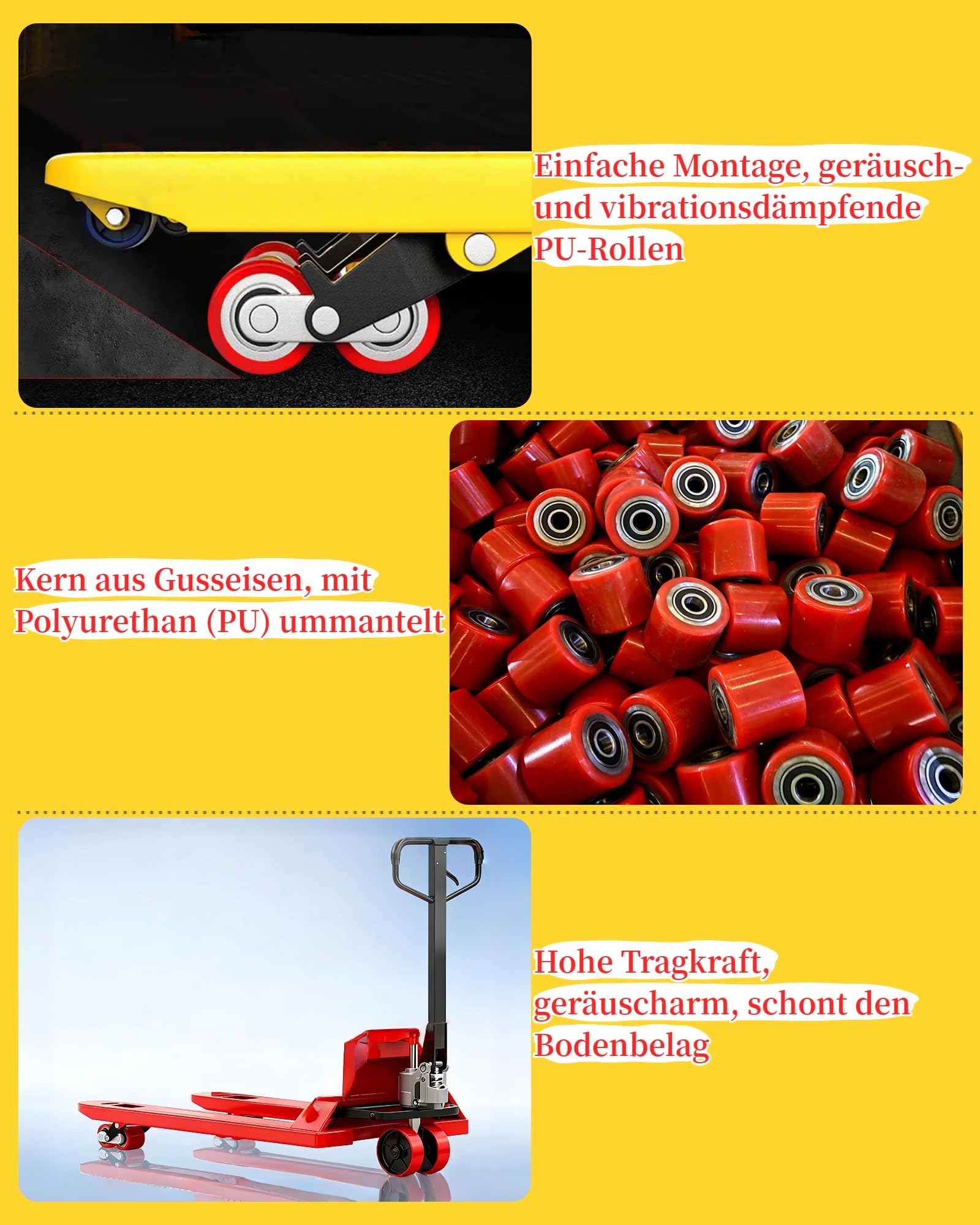 AmoreTempo【80 x 70 mm】4 Stück Hubwagenrollen Polyurethan PU Laufrolle Räder mit Achse 20 mm Inkl Kugellager Rollen Gabelhubwagenrolle Lastrolle für Hubwagen Ersatzrollen, Max. Belastung 600 KG Rot