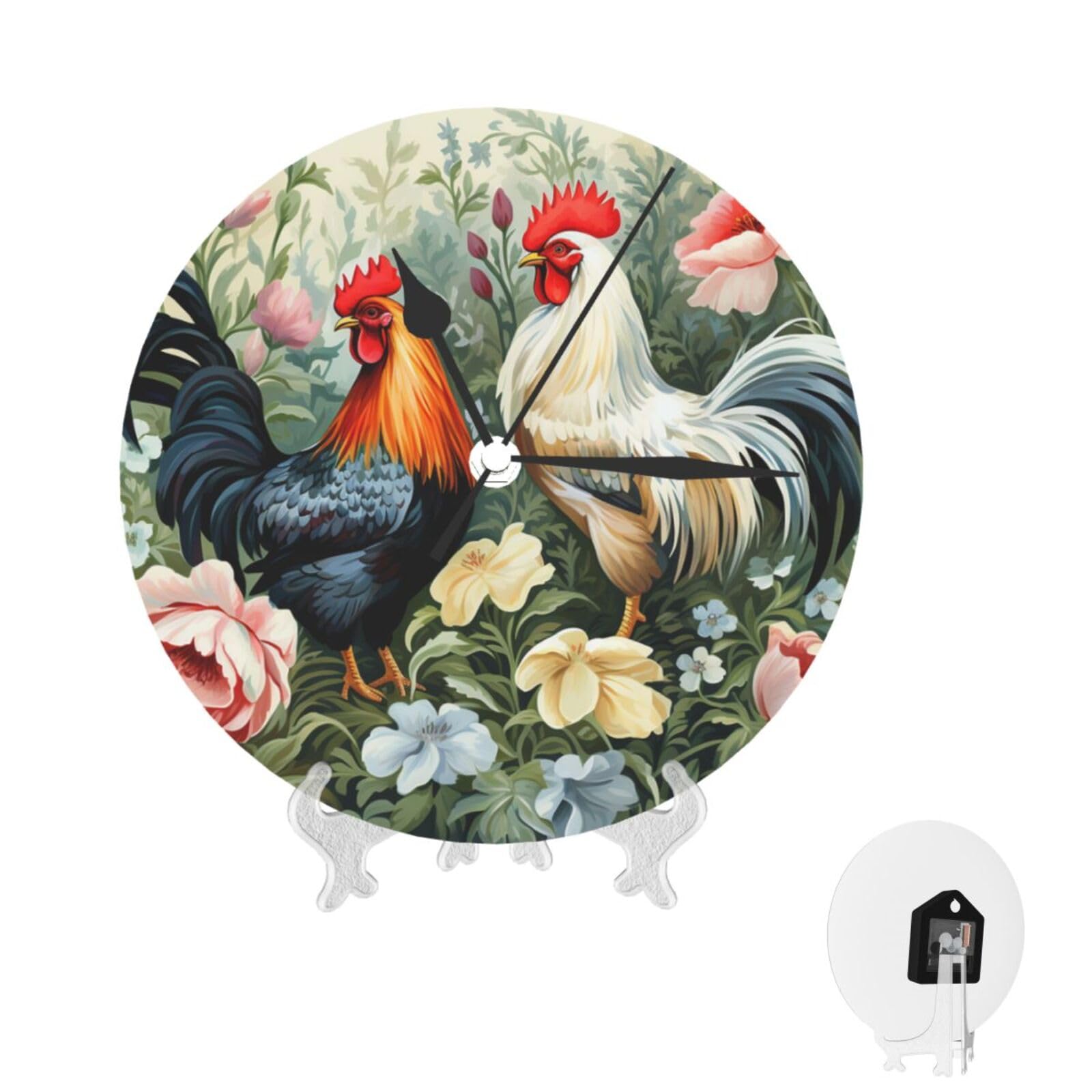 Fodpand White Rooster Wall Clock 10 Inch, Decorative Wall Clocks Battery Operated Silent Non Ticking, Modern Round Clocks - Analog Small Classic For Office, Home, Living Room