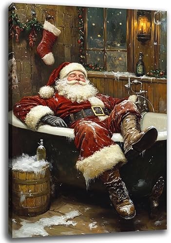 Neramty Impresión artística vintage de Papá Noel en la bañera, póster de lienzo rústico de Navidad, decoración de imagen de Papá Noel vintage,