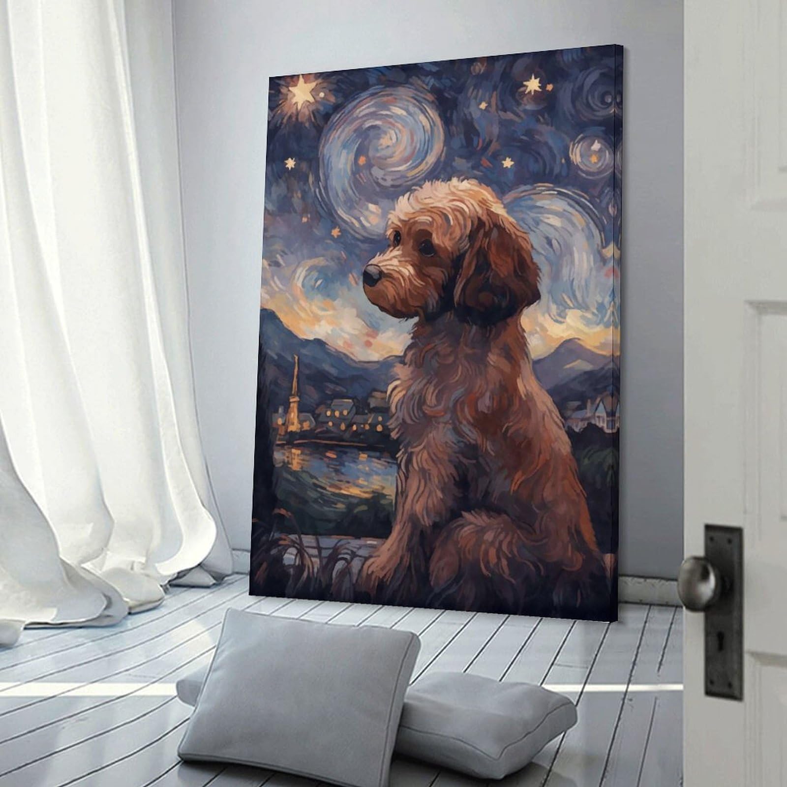 Junmoney Cavoodle Starry Night Canvas Wall Decor, 08x12inch(20x30cm), for Apartment Walls, Studios Or Work Areas, Decorative Canvas Decor for Home Updates