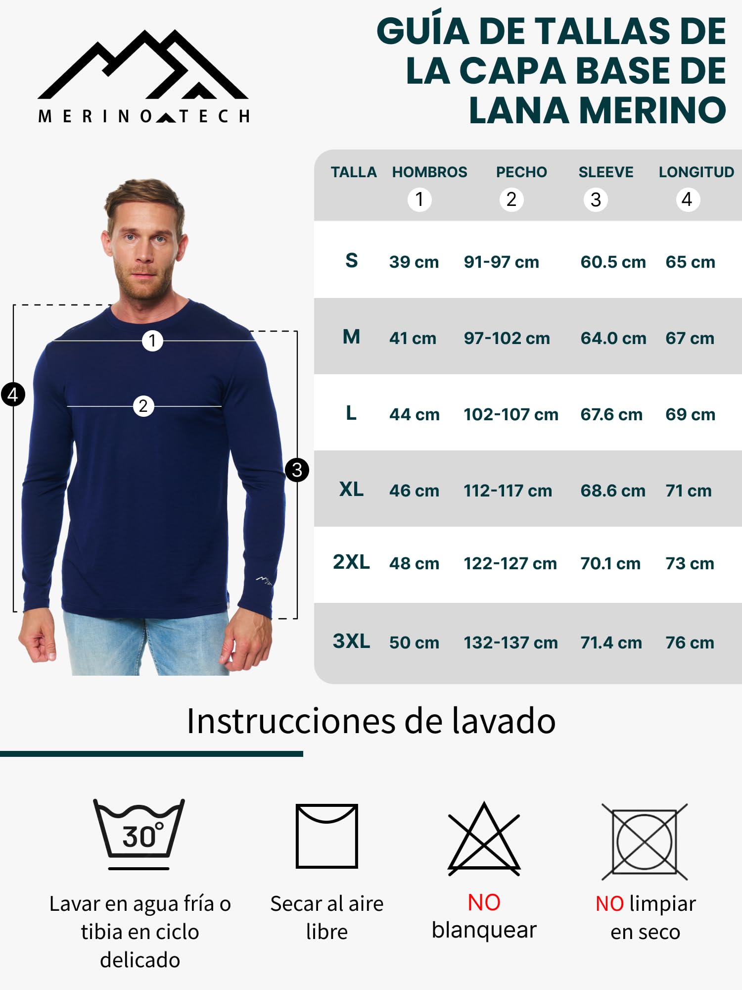 Merino.tech Camiseta Manga Larga Lana Merino Hombre - 100% Lana Merino | Cuello redondo o en V, no pica, ideal para casual u oficina, antiolores, transpirable