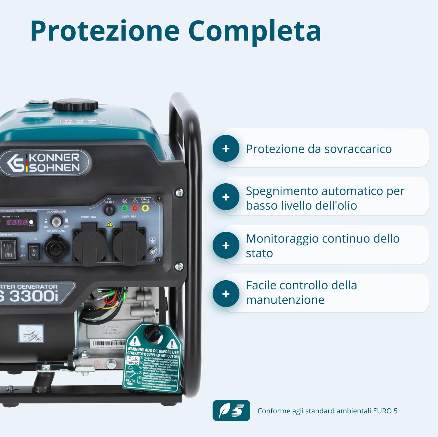 Könner & Söhnen KS 3300i. Generatore di inverter a benzina 3300 W, generatore di corrente con 2 Schuko da 230 V, generatore di emergenza con indicator