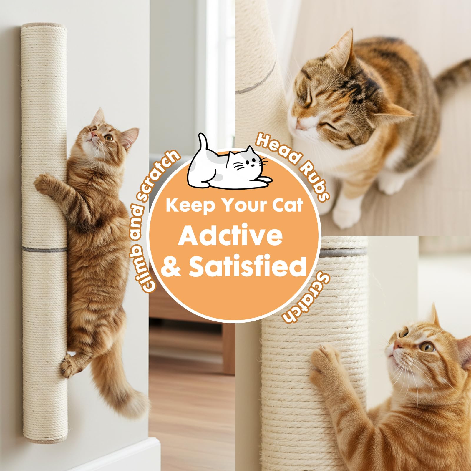 Tiragraffi verticale da parete in sisal per gatto da interno - 60 cm - Mobile da parete per gatto - Con corda di juta naturale e design rotativo