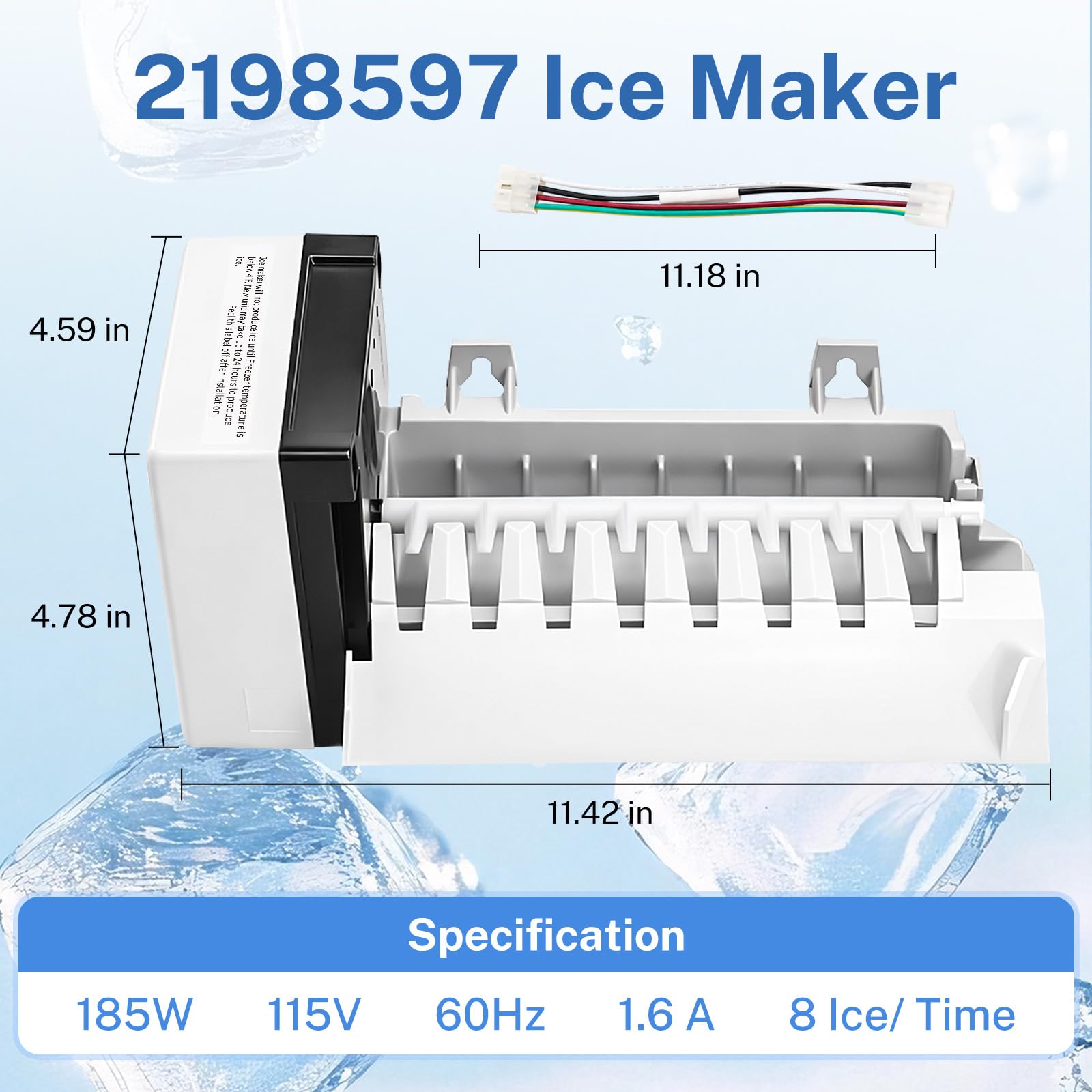 2198597 Ice Maker, 185W 115V 60Hz, Compatible with Whirlpool Maytag KitchenAid Amana Refrigerator, Replaces W10122502 626663 1016069 2198678, High Efficiency Ice Making - 3