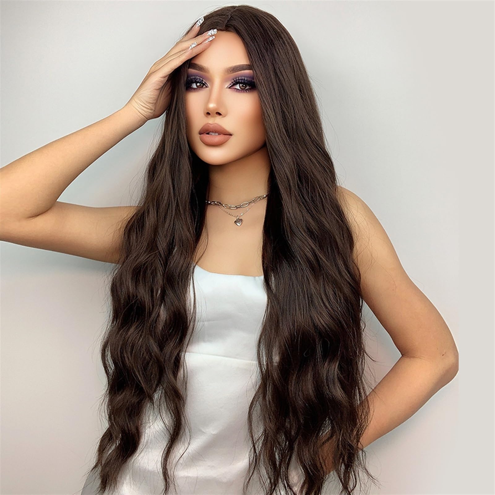 Parrucche Parrucche Sintetiche Ondulate Lunghe castane Parte Centrale Parrucca riccia Naturale for Donne Nere Cosplay Capelli Finti Resistenti al Calore quotidiani Parrucche Donna