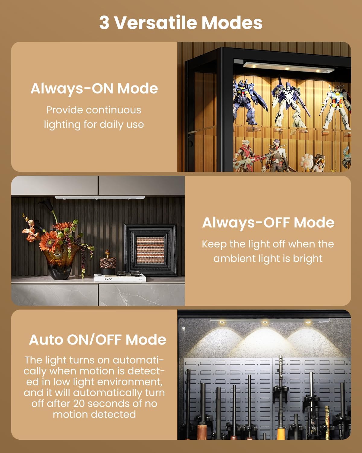 Image showing the three versatile modes of the under cabinet light: Always-ON, Always-OFF, and Auto ON/OFF with motion sensing.