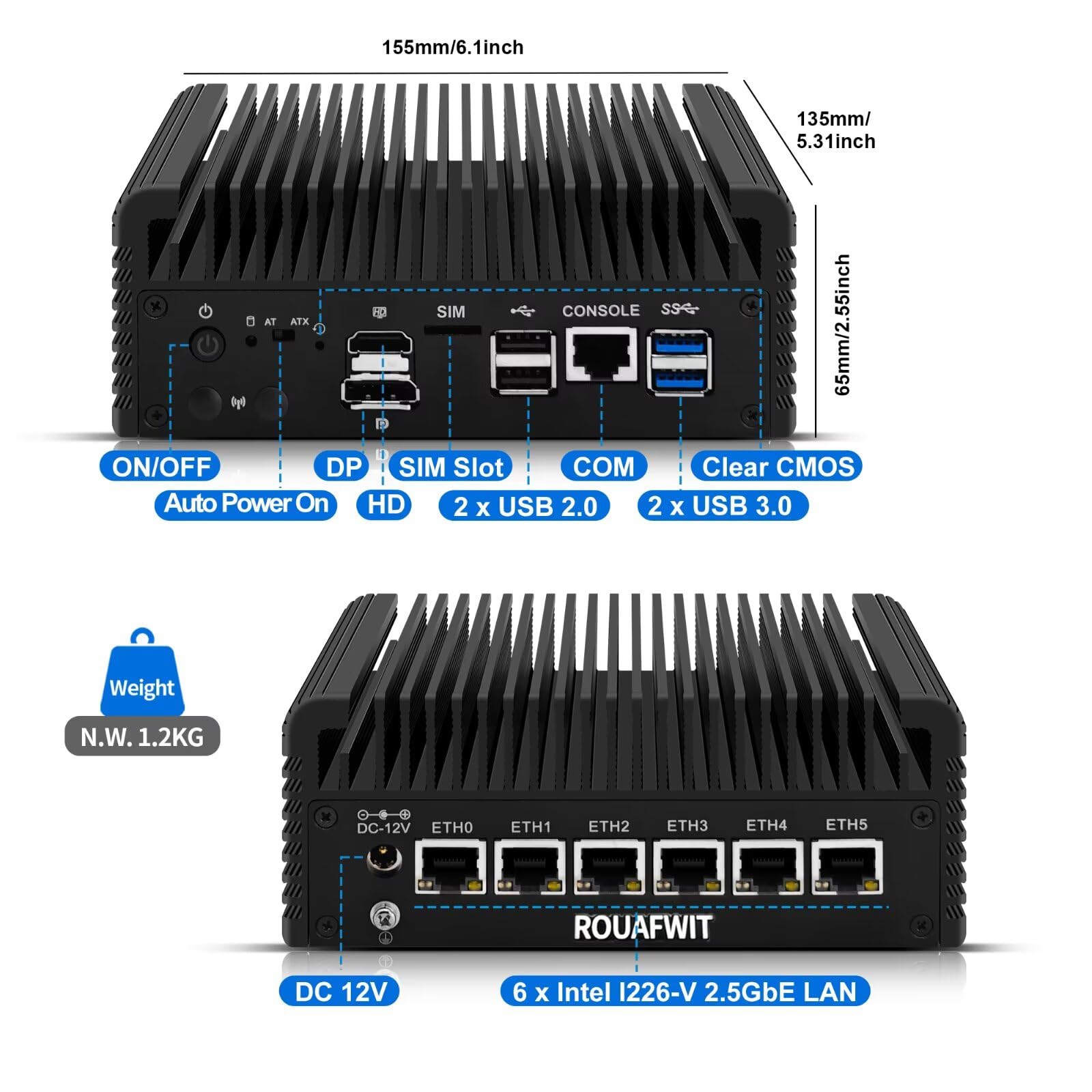 Firewall Mini PC J6413,4C/4T Fanless Micro Firewall Appliance 6X 2.5 GBe LAN/4USB/HD/DP/SIM/CONSOLE/Auto Power,OPNsense/AES-NI Router Netzwerk Security,DDR4 8GB SSD 256GB,Dual Display