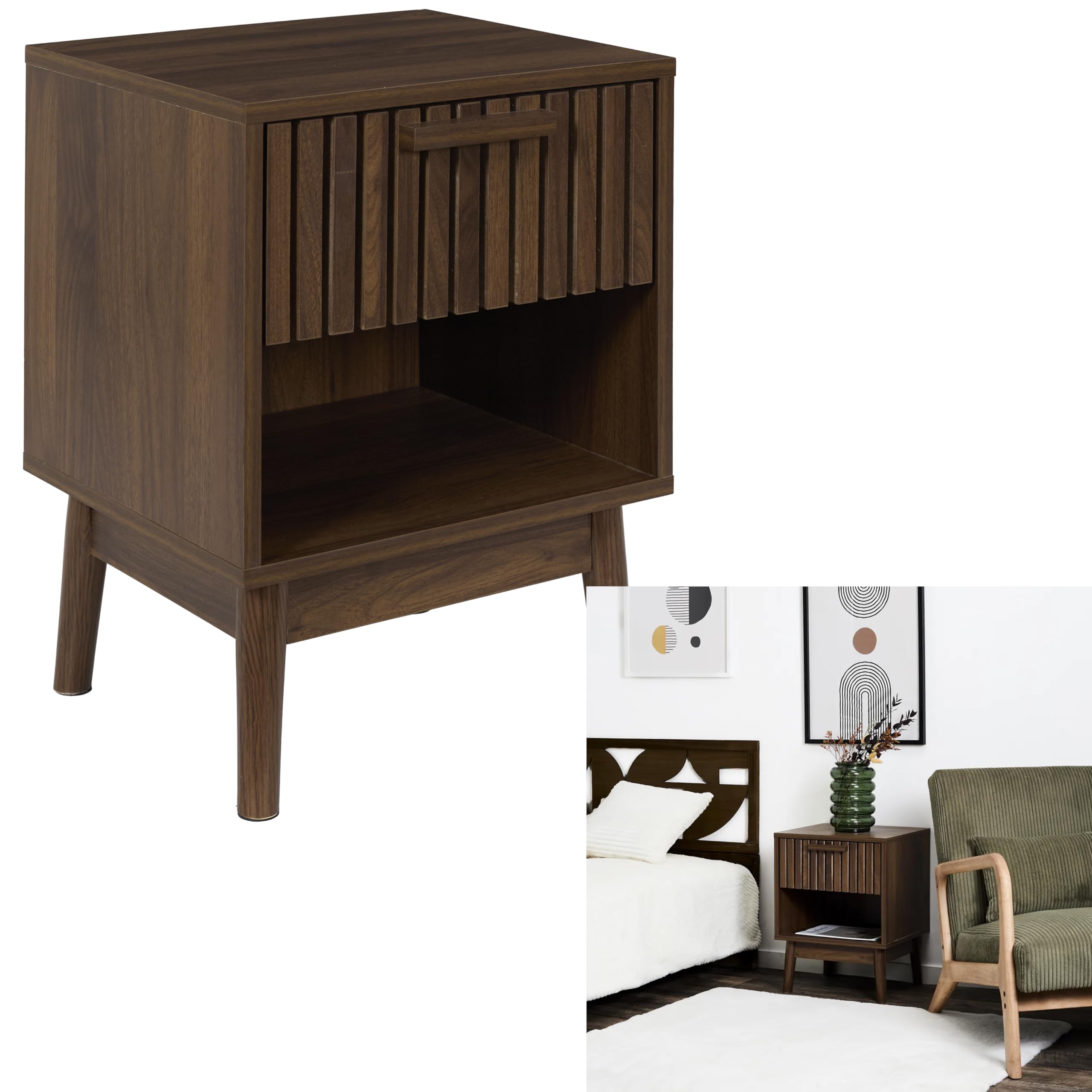 HOME DECO FACTORY - Elegante Comodino Contemporaneo con Cassetto Striato e Nicchia Aperta - Modello Klaus - Ideale per un Pratico Stoccaggio nella Tua Camera - Legno Scuro - 46x13x41 cm