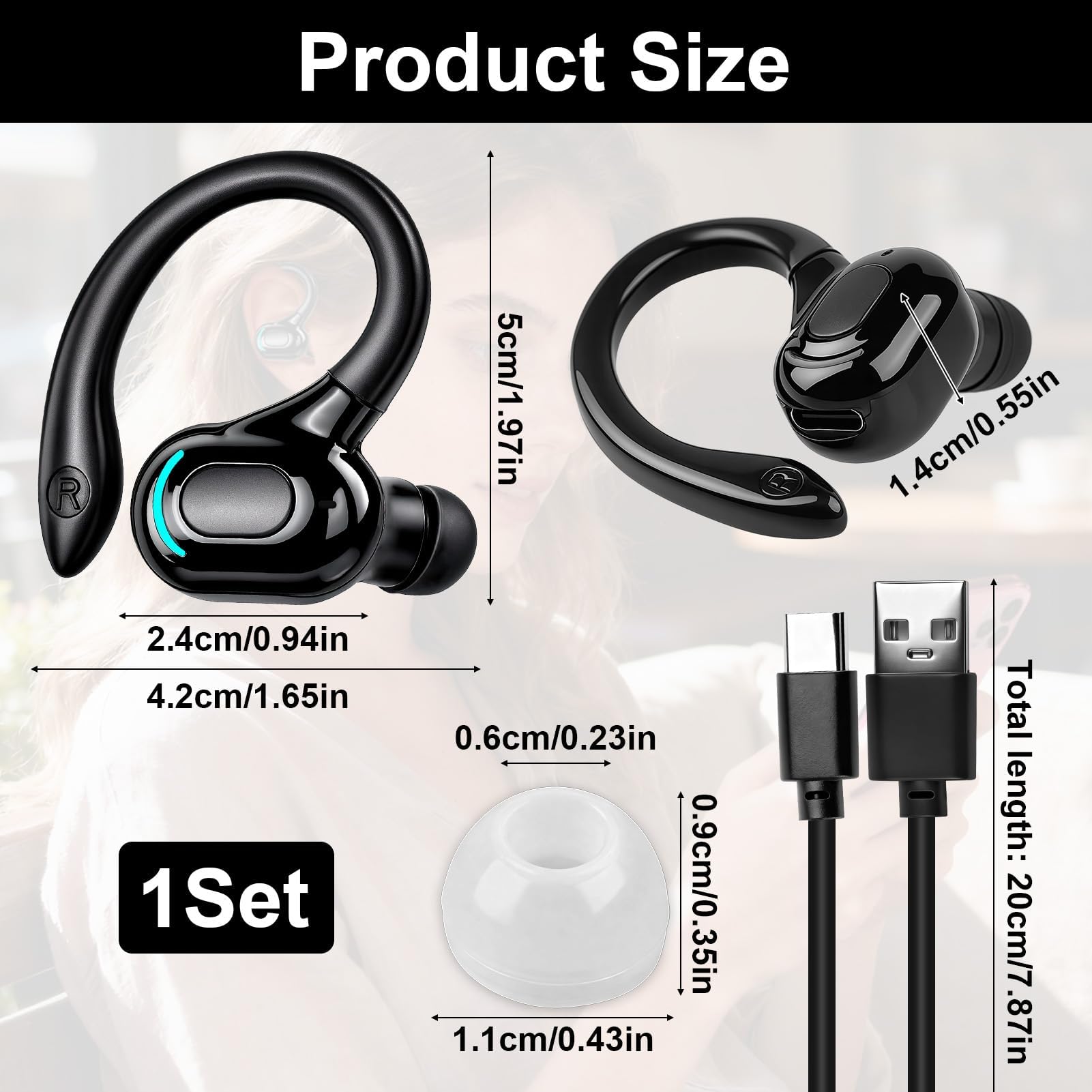 Auricolare Bluetooth senza fili V5.2 con microfono integrato Auricolare Mono Giro Orecchino 360° 20h di Lettura per iPhone Android PC Desktop Guida Affari Sport Riduzione del Rumore (nero)