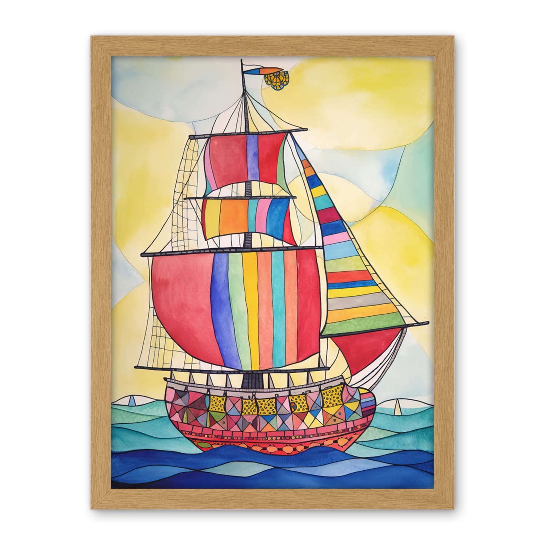 Artery8 Rainbow Colour Sailing Ship Folk Art Artwork Framed Wall Art Print 18X24 Inch