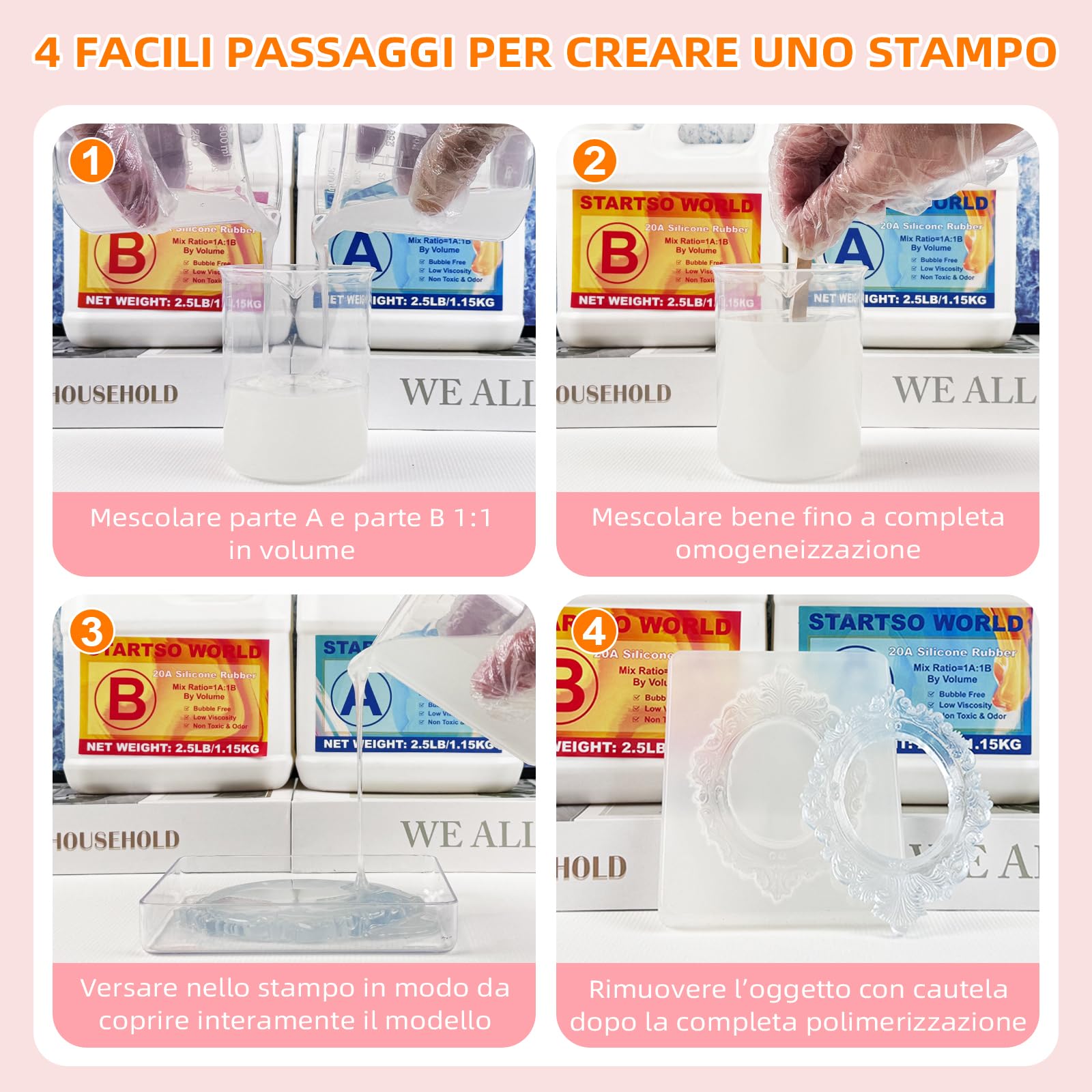 Silicone per Stampi 10A, Silicone Liquido per Moulage, 1:1 per volume, Non Tossico, Perfetto per la Realizzazione di Resine, Moulage, Cera, Intonaco （Translucido, 2.5KG）