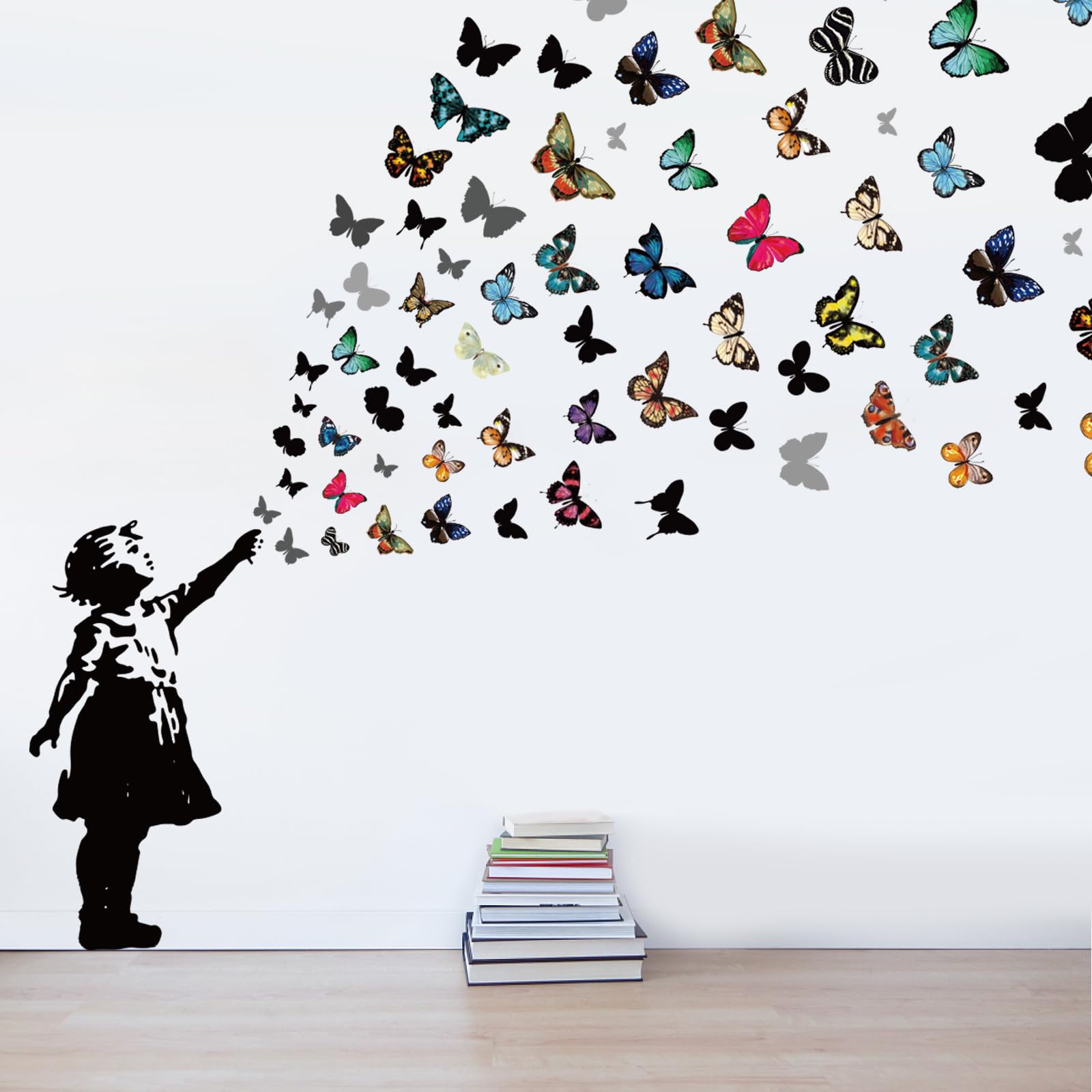 PLIGREAT 2 Sheets Banksy Girl Butterfly Wall Stickers Removable Vinyl Wall Decals Banksy Graffiti Art Mural Decals for Bedroom Living Room Nursery Office Home DIY Decor