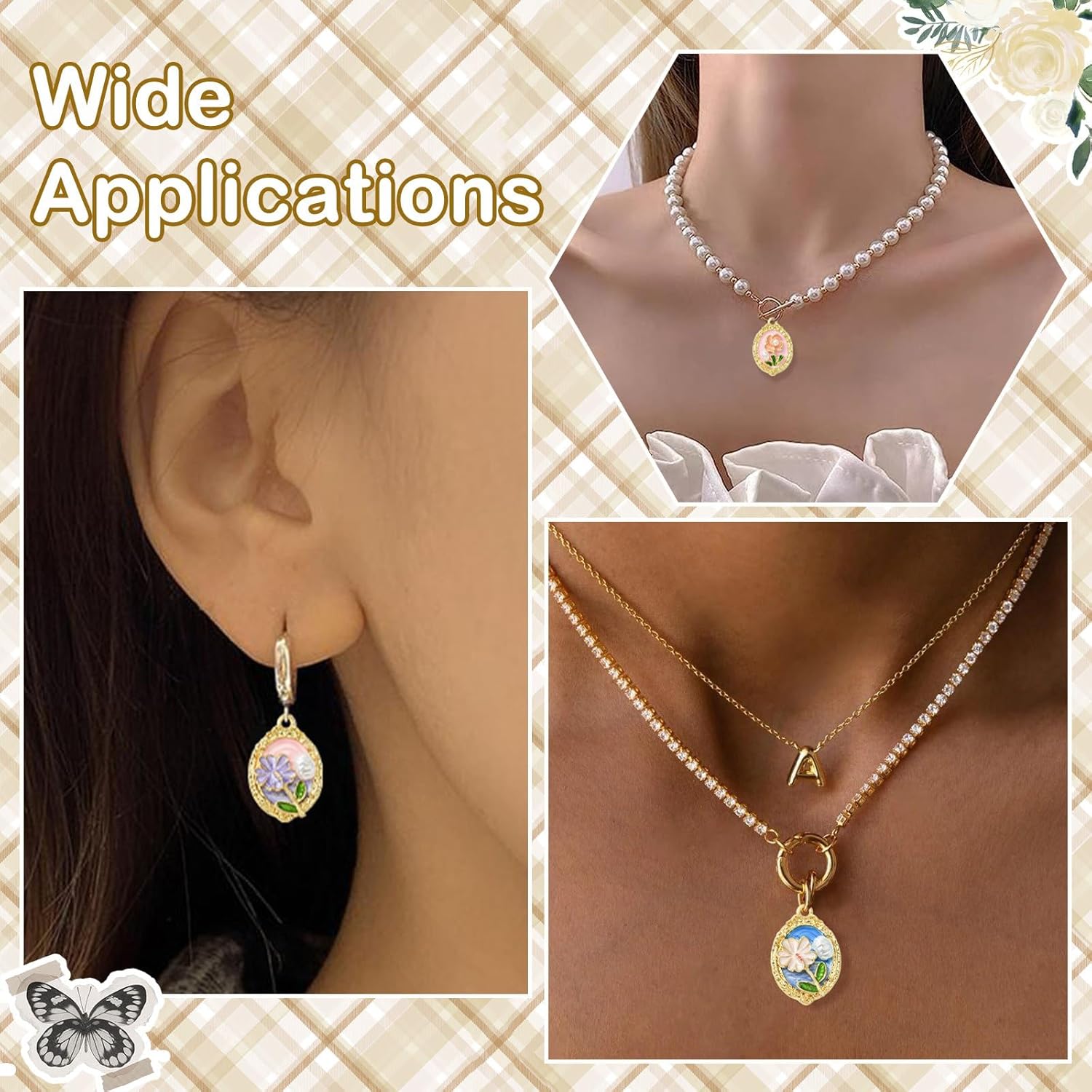 KitBeads 14Pcs 7 Styles Flower Painting Charms Oval Vintage ABS Pearl Flower Charms for Bracelets Making Necklaces Keychains Crafts Bulk - Image 7