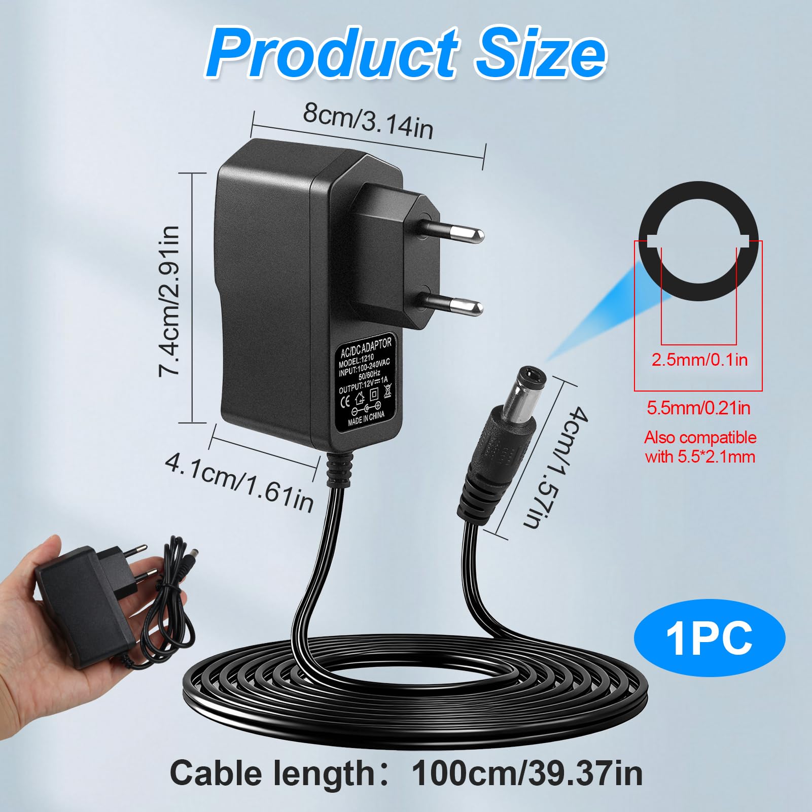 12V 1A 12W Fuente de Alimentación Universal, AC/DC Adaptador 100-240v 50/60hz Universal Corriente Transformador Cargador 5.5 x 2.5 mm para Cámara CCTV, Luces LED, Router, Monitor, Tira de Luz — view 3