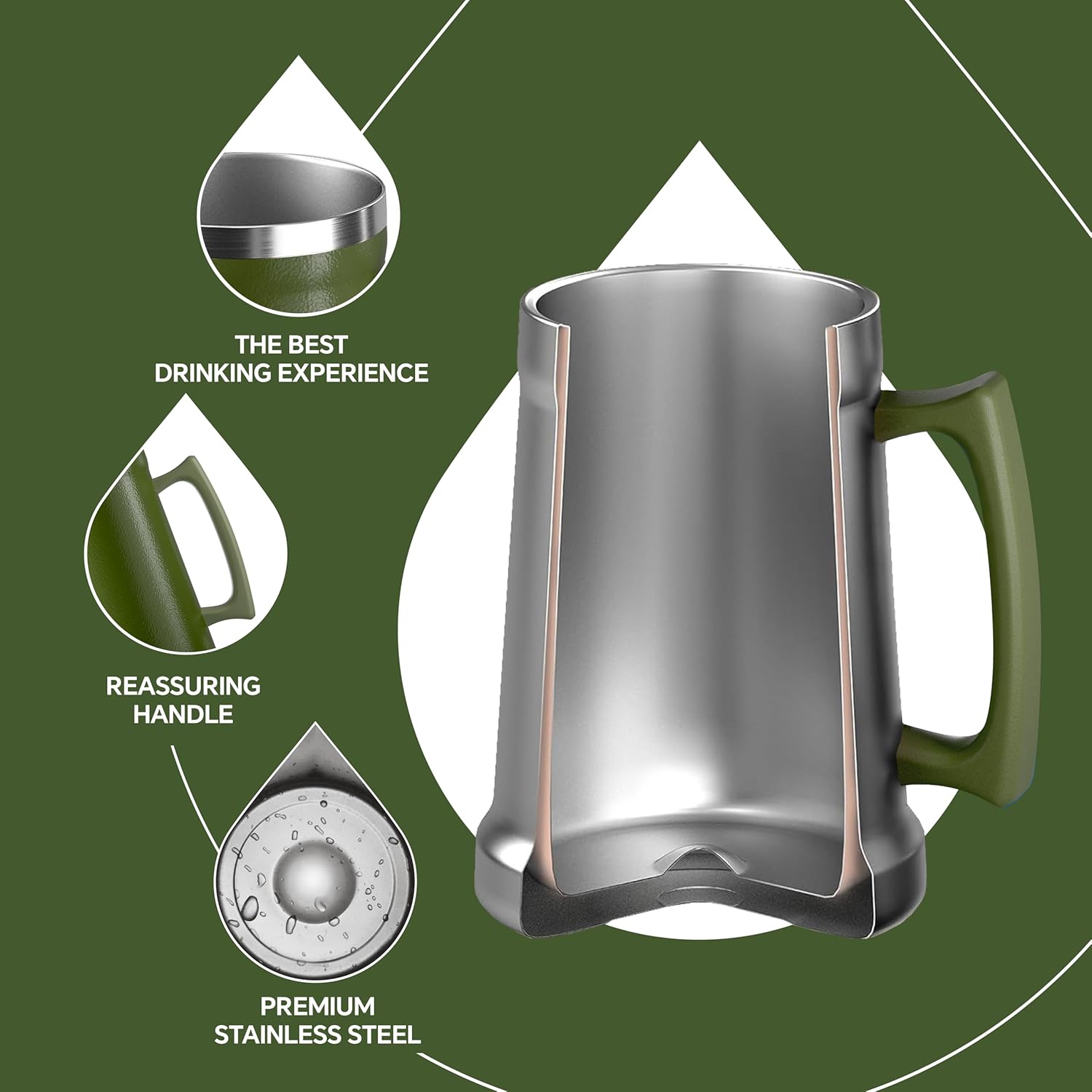 Ideus Insulated Beer Stein, 24/32oz Stainless Steel Double Walled Beer Mug Giant Bar Drinkware Metal Beer Cup with Big Grip Handle (Olive Green, 34oz (1,000ml)) - Image 3