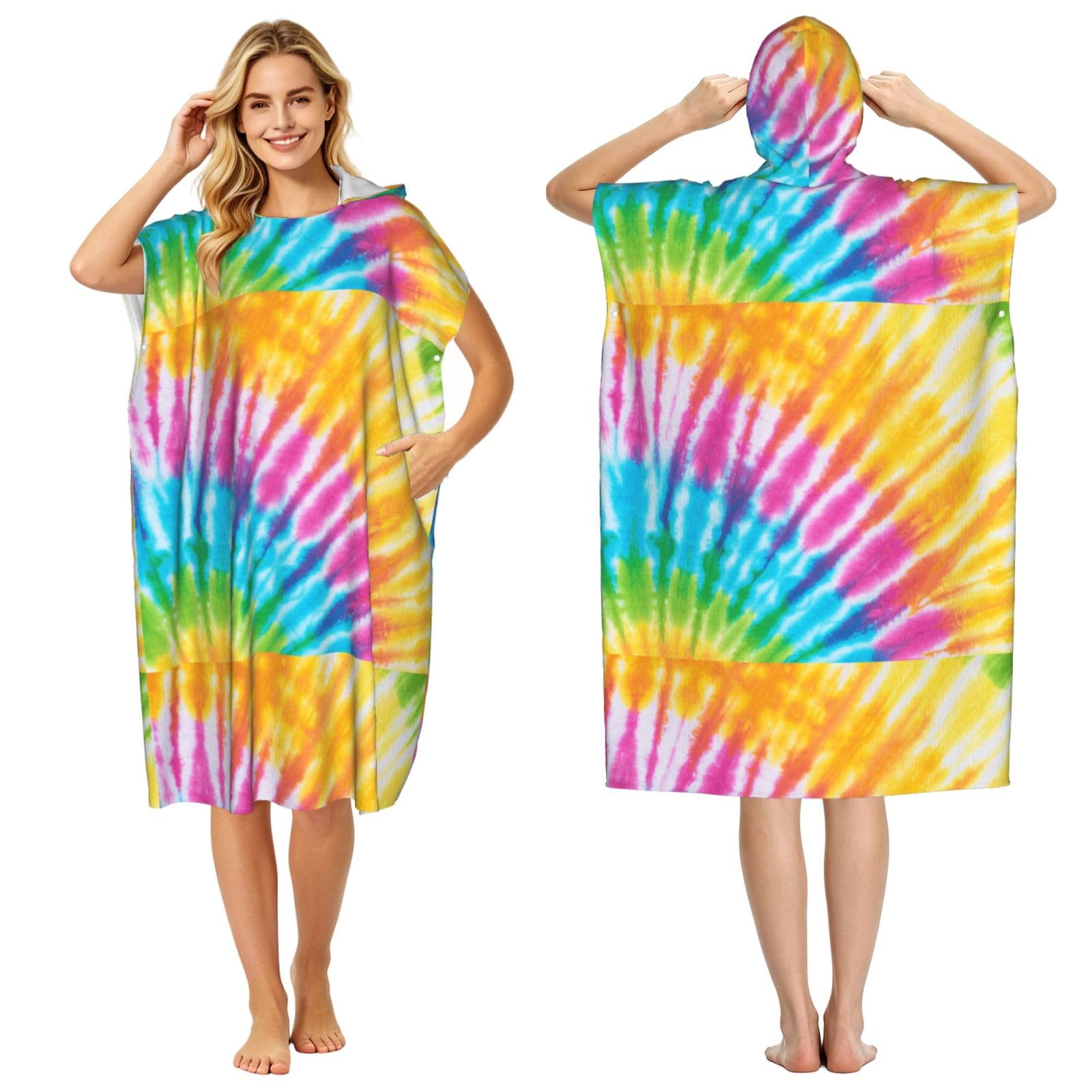 Poadnly Colorful Spiral Tie Dye Rainbow, Adult Hooded Beach Towel 90 x 110 cm,Changing Bath Robe, Surf Poncho Towel For Women Men