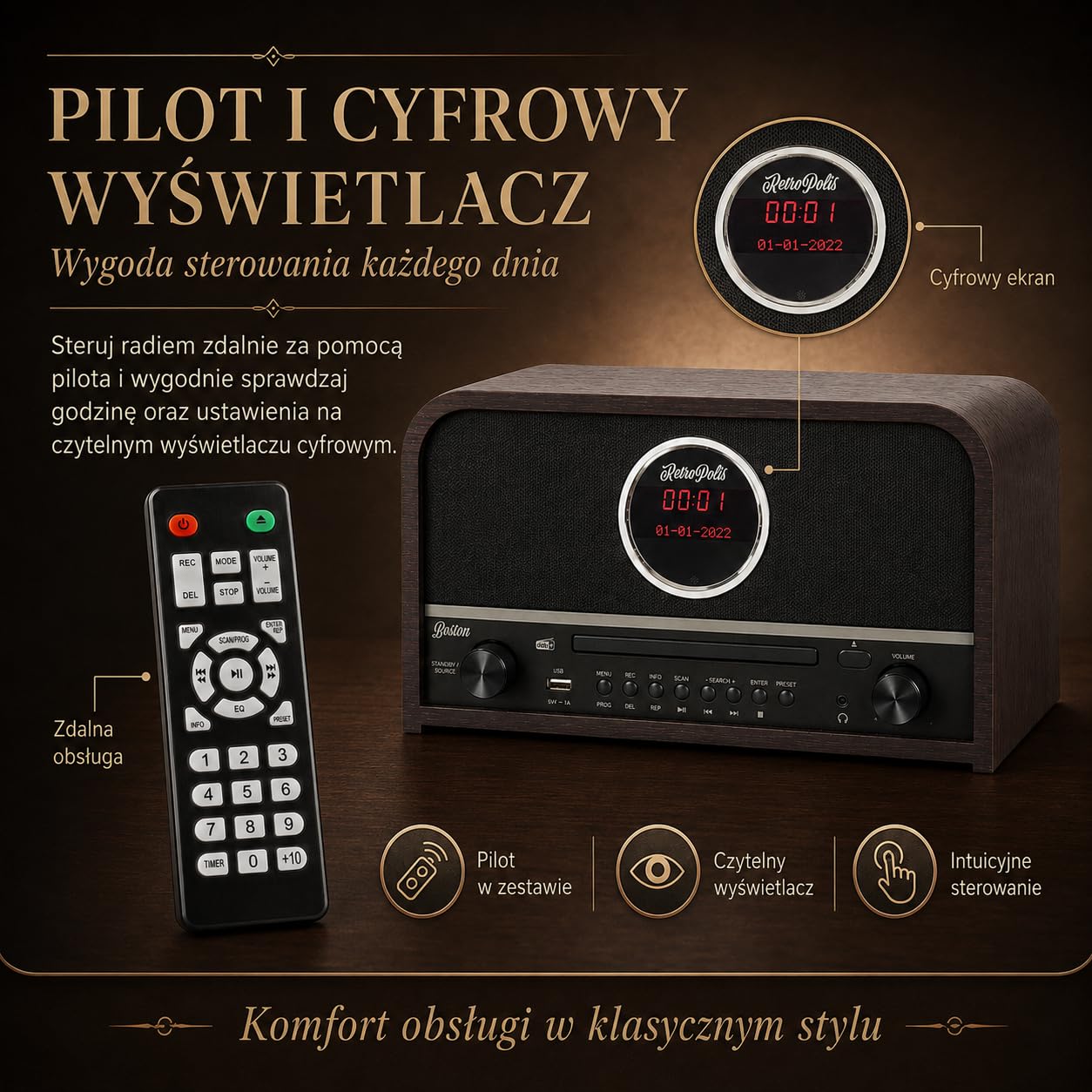 Radio DO SALONU BOSTON sieciowe AM/FM DAB+ CYFROWE USB-A BLUETOOTH CD LED
