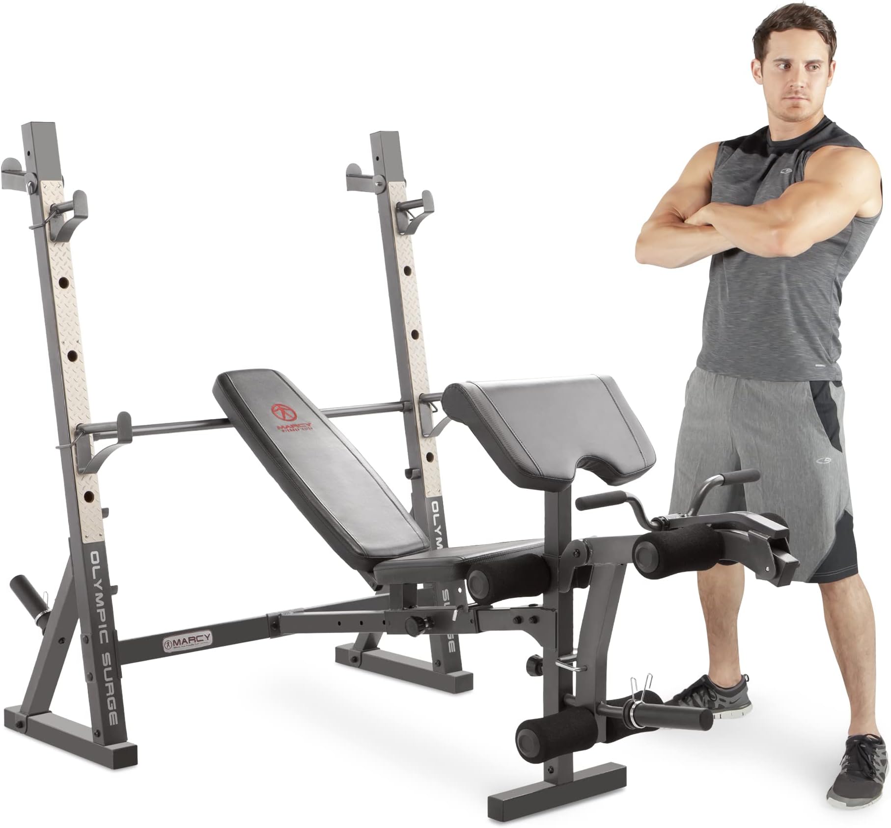 Olympic Workout Bench for Home Gym Strength Training Equipment with Preacher Curl Pad and Weight Rack Storage, White/Black