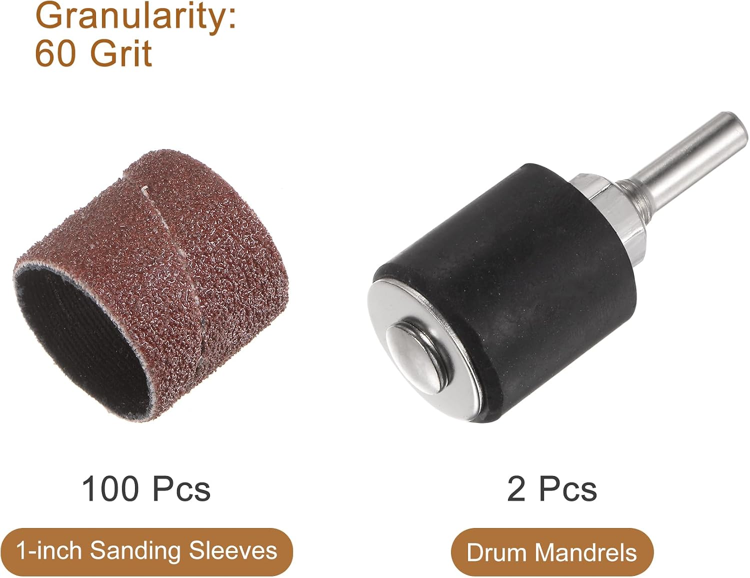 uxcell 100 Pcs 1 Inch Sanding Sleeves Sandpaper Set 60 Grit with 2 Pcs 0.79 Inch Drum Mandrels for Rotary Tools