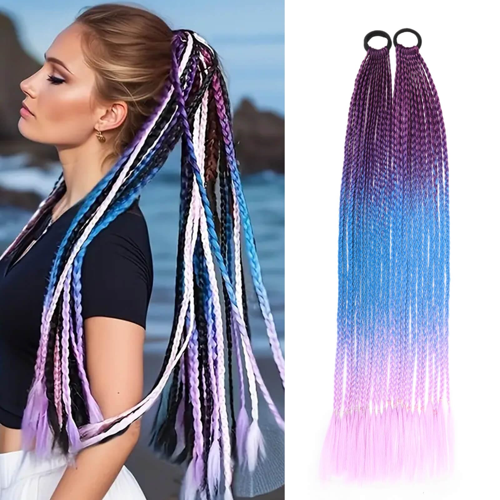 Charsun Braided Ponytail Extension Colorful Hair Extension For Women/Kids 24inch Rainbow Hair Braids Extensions Synthetic Hairpieces Ponytail for