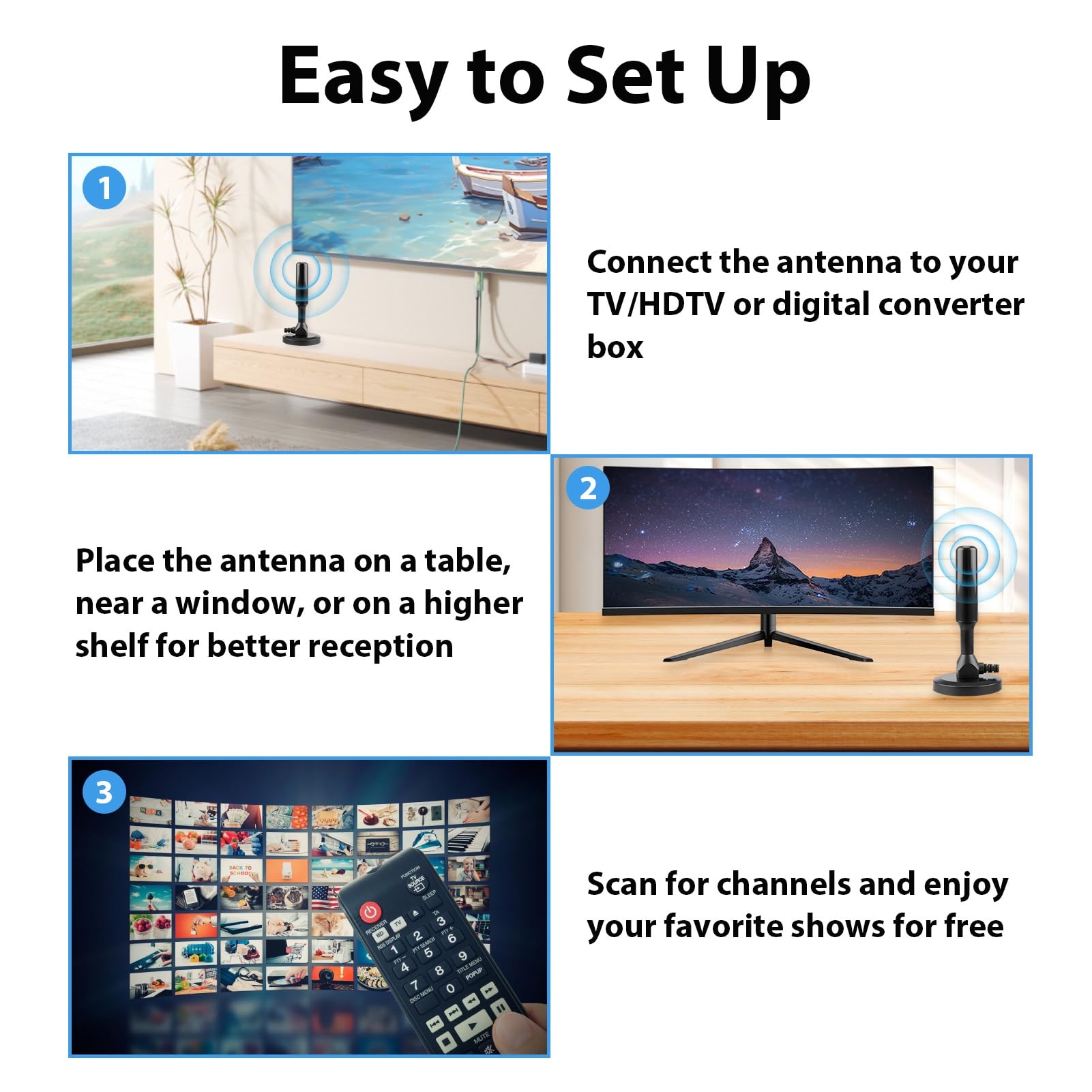 Antenne TV IntéRieur Puissante, HD Haute Performance avec Base Magnétique, Réception 360° Compatible 4K UHD & DVB-T2 Câble Coaxial 3m pour Télévision Intelligente Antenne TNT sans Abonnement