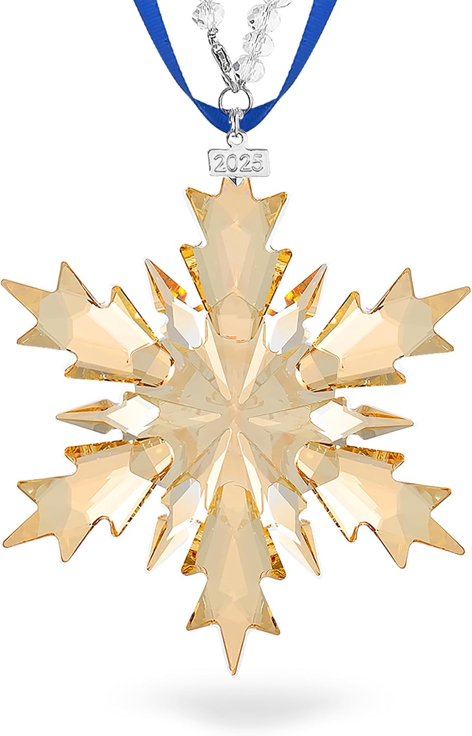 2025 Annual Christmas Ornaments Crystal Snowflake Star Clear White Faceted Crystal with Tone Metal Accents and Rayon Ribbon-New Year Christmas Tree Ornaments Crystals Sun Catcher Home Hanging Decor