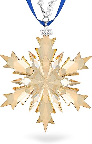 Adornos anuales de Navidad 2025, estrella de copo de nieve de cristal, cristal facetado champán transparente con detalles de metal de tono y cinta
