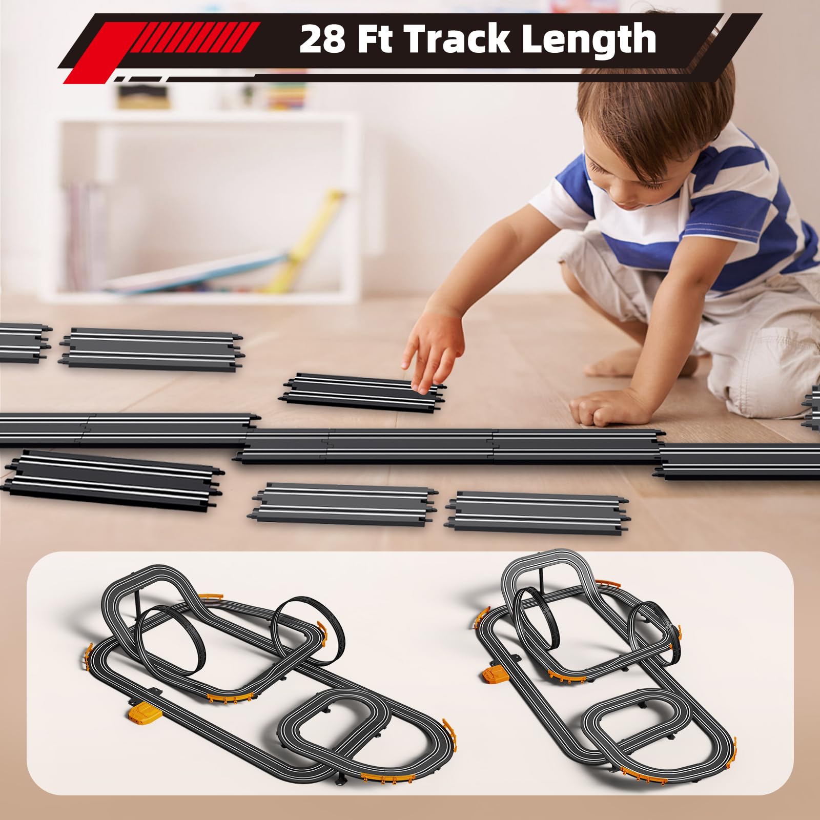 Slot Car Race Track with 4 High-Speed Racing Cars Battery or Electric Race Car Toy for Kids Boys, Dual Racing Game 2 Hand Controllers Toys for Girls Children Age 6,7,8-12 Years Old