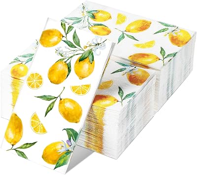 120 Lemon Napkins - 3 Ply Disposable Yellow Citrus Fruit Guest Towels for Kitchen, Bathroom, Tea Party, Baby Shower