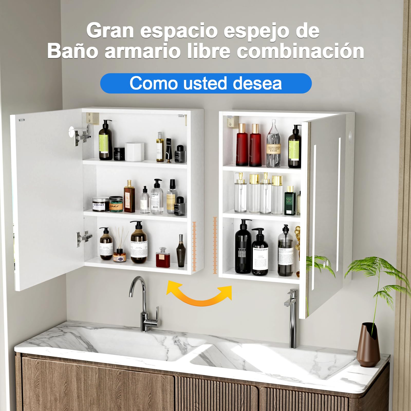 Armario Espejo baño con luz, Mueble de Baño, 3 Estantes Ajustable