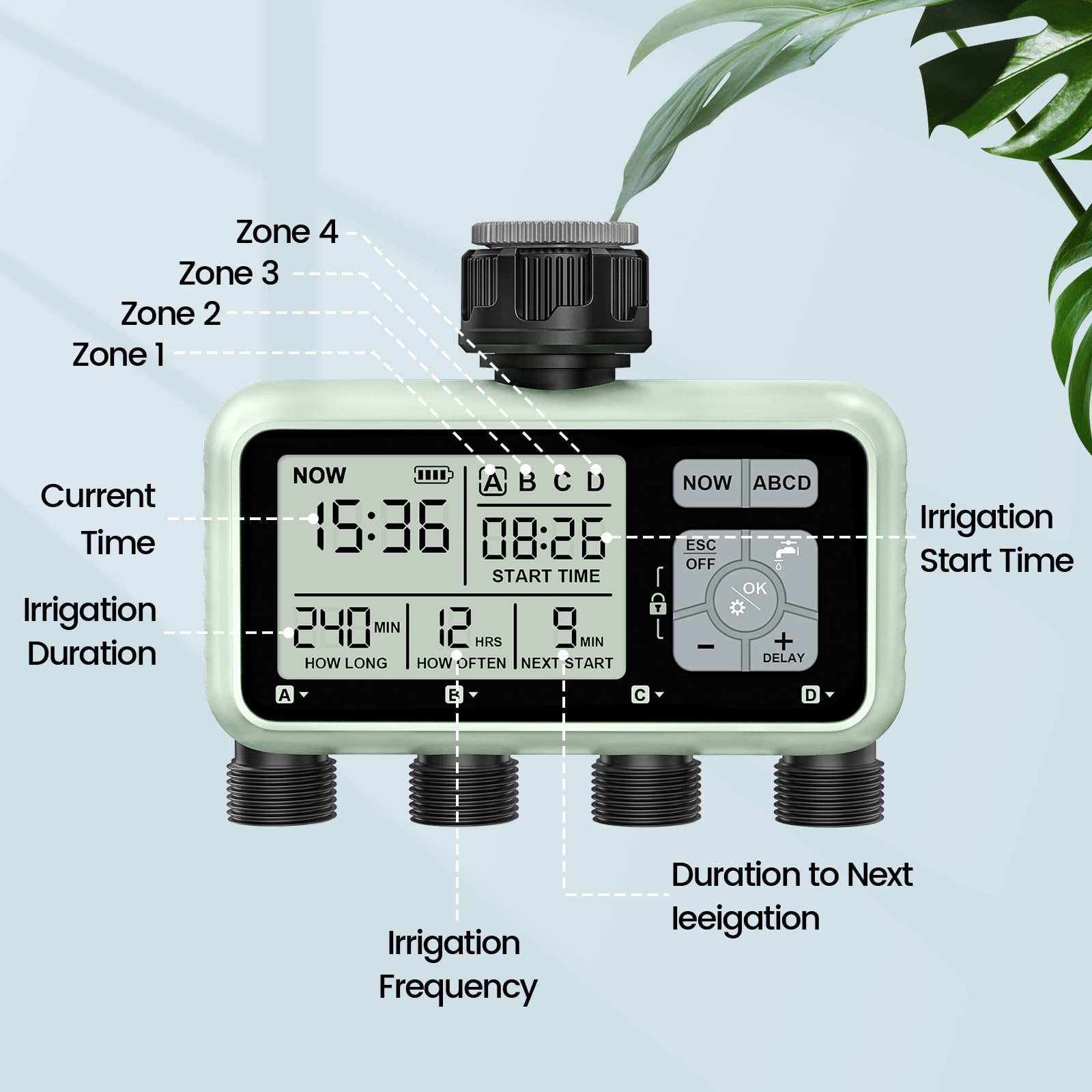 Johgee Ordinateur d'irrigation avec 4 Sorties contrôlées indépendamment, minuterie d'irrigation numérique avec écran LCD, contrôle d'irrigation Automatique/Manuel