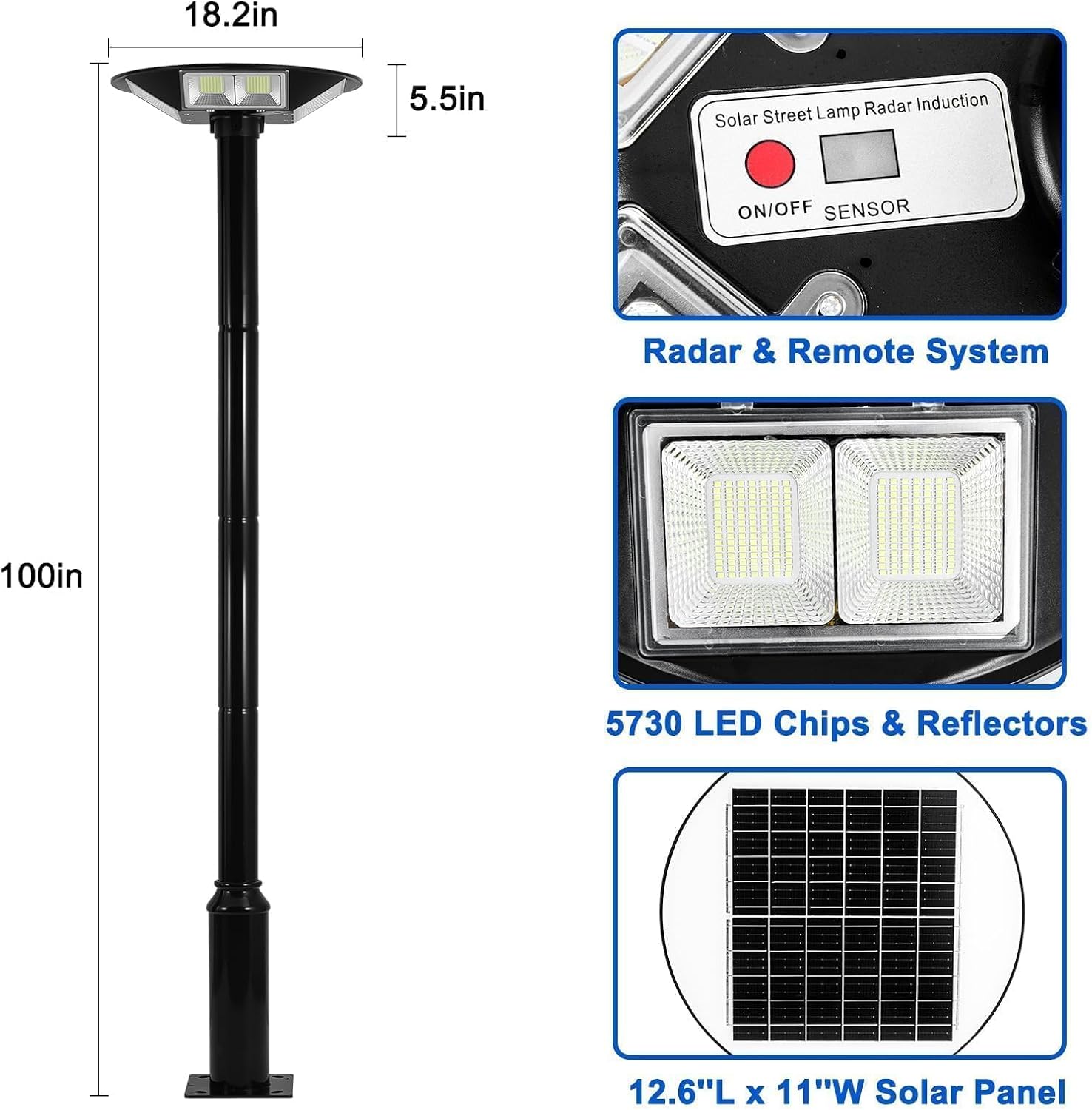 Solar Lamp Post Light, 100 Inch Heavy Duty Solar Pole Lights with Dusk to Dawn, Motion Sensor, Remote, Timer, Waterproof Solar Lights Outdoor for Patio, Yard, Garden, Pathway, Street