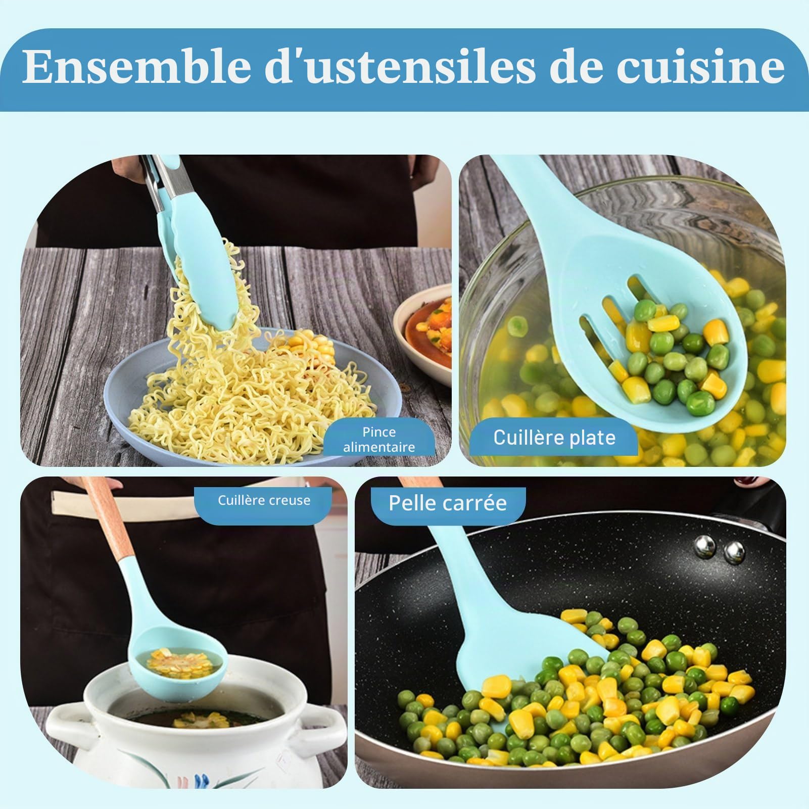 Ensemble d'ustensiles de cuisine 12pcs, ensemble d'ustensiles de cuisine en silicone bleu clair ustensile de cuisine antiadhésif avec manche en bois ustensiles de cuisine en silicone
