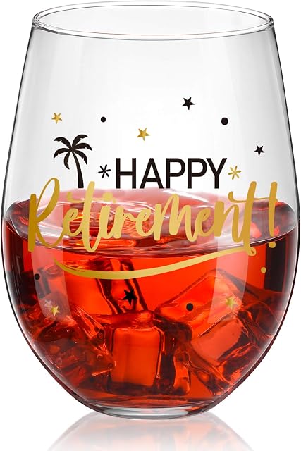 Happy Retirement Stemless Wine Glass, Black and Gold Happy Retirement Crystal Cup Wine Glass Present for Women Man Friend Retirement Party Decorations Favor, 17 oz Stemless