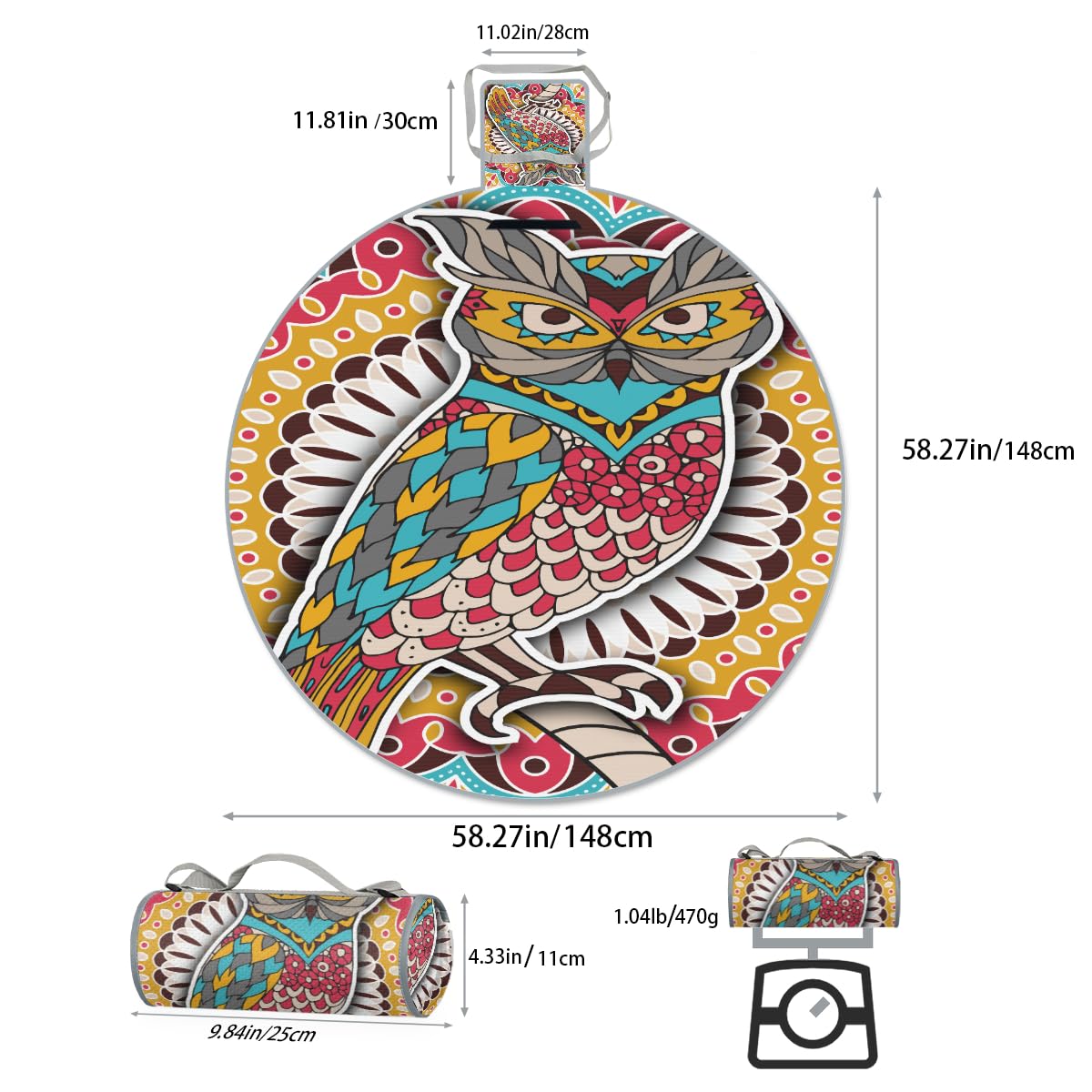 Shimoshe Indian Owl Picnic Outdoor Blanket Foldable Waterproof Sandproof Beach Blanket Portable Water-Resistant Round Picnic Mat for Travel Camping Park Lawn