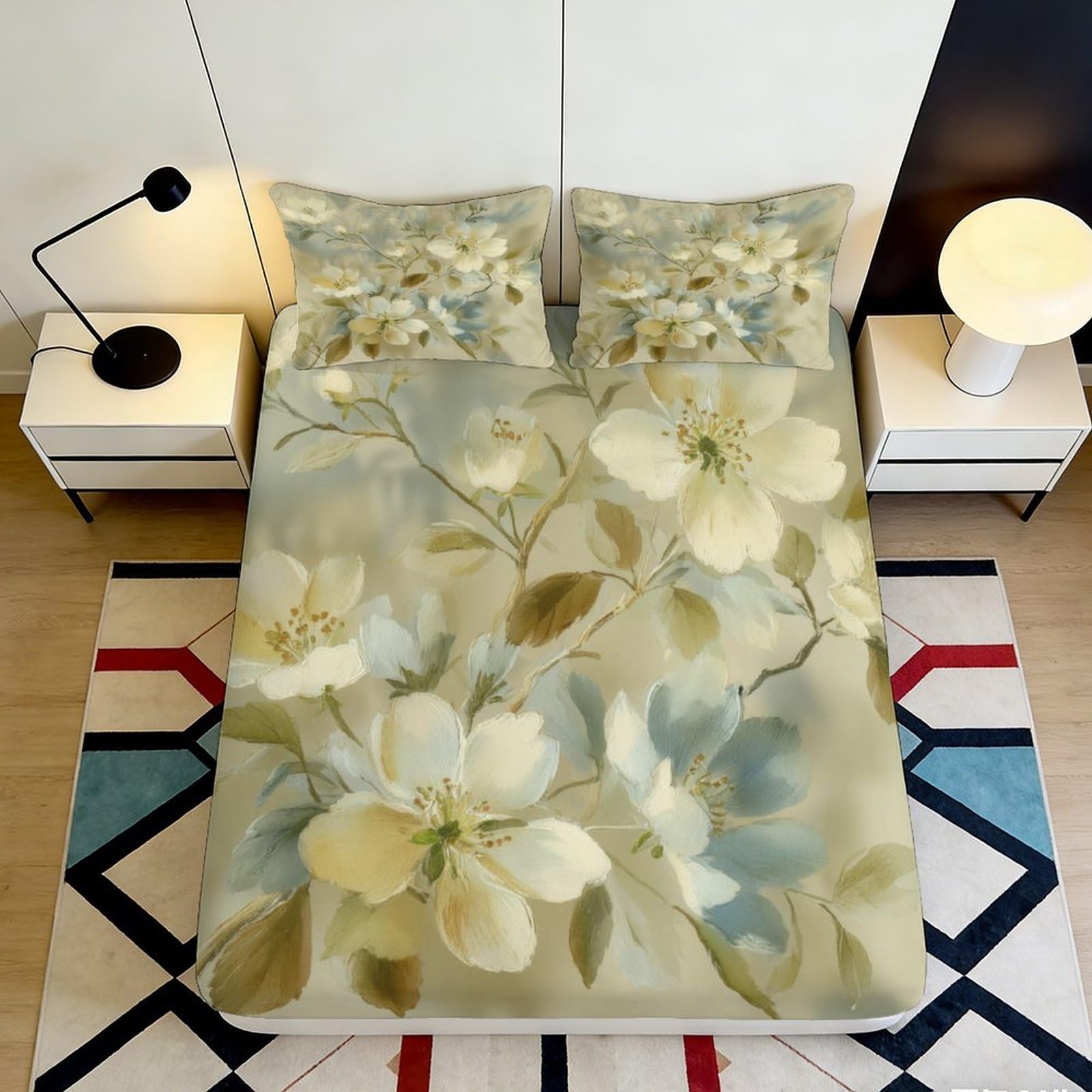 3D Printed Floral Pattern Fitted Sheet Microfiber Soft Breathable Botanical Mattress Cover for Bedroom Dormitory Guest Room Mattress Protection Decor 140x200x25cm