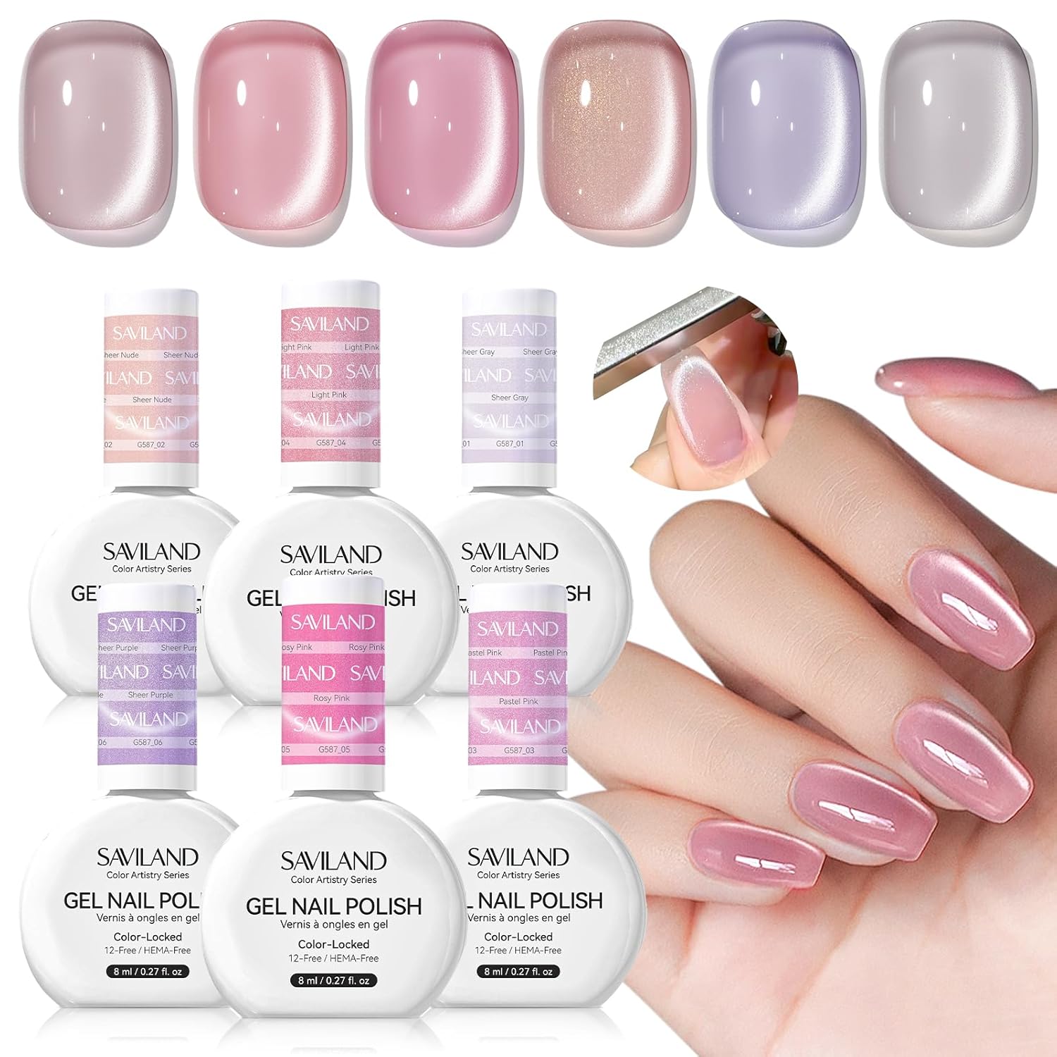 SAVILAND Color Artistry Cat Eye Gel Nail Polish: 6 Colors Cateye Gel Polish Set Long-Lasting Magnetic Nail Polish Sheer Nudes Pink with Magnet Stick Nail Art Home Glass Bead Effect