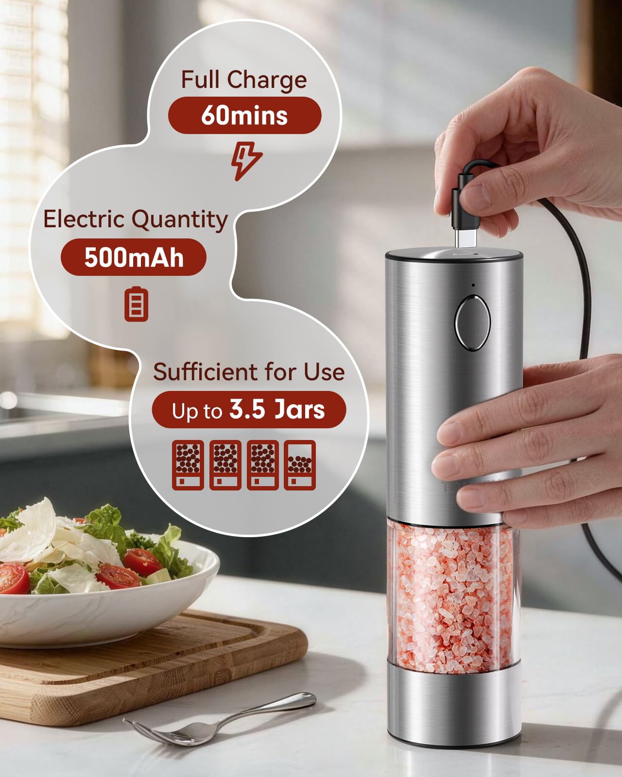 Molinillo eléctrico de sal y pimienta, molinillo de sal y pimienta recargable por USB, hecho de acero inoxidable, molinillo de cerámica ajustable, luz LED, juego de regalo