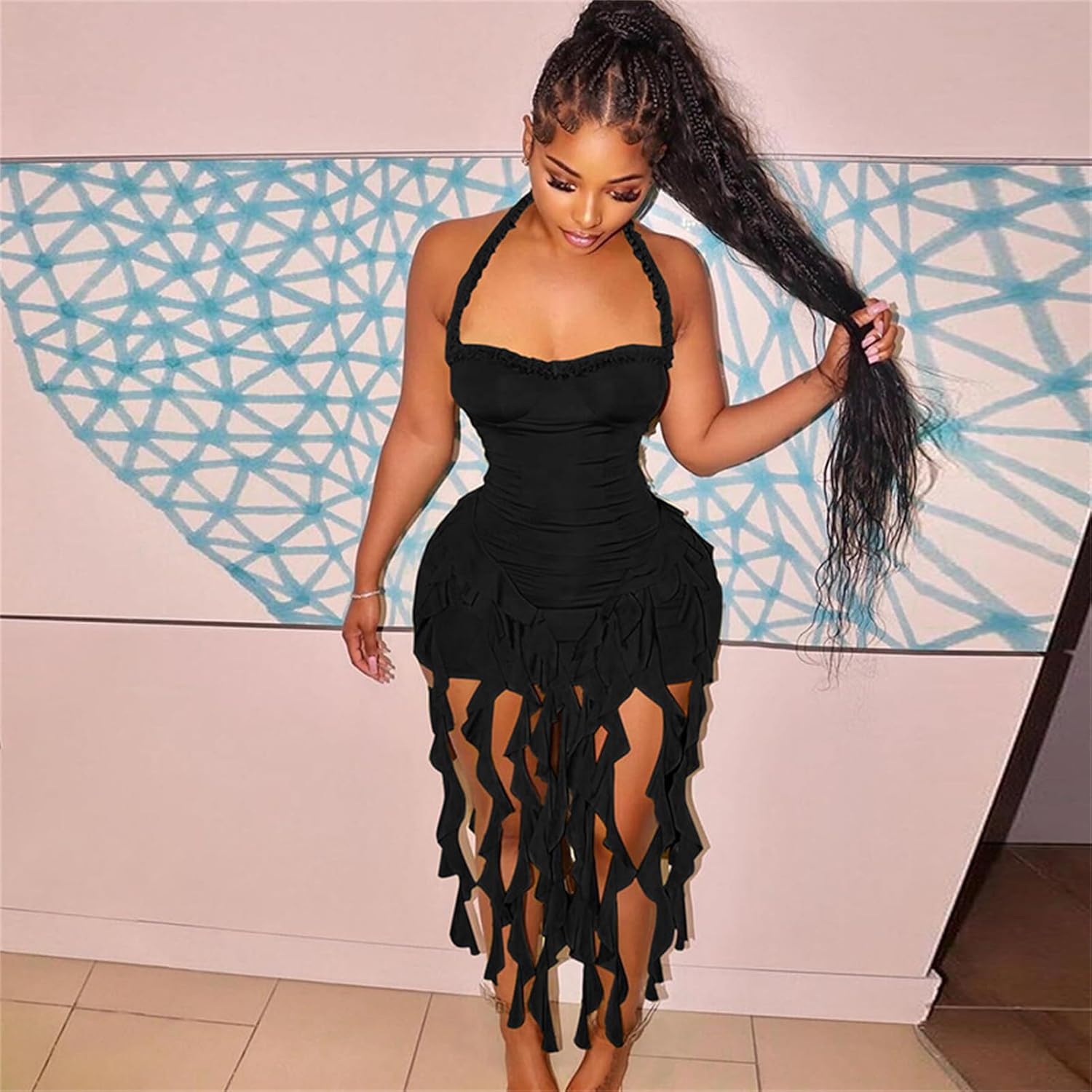 Women's Mini Dress Sexy Halter Backless Ruffle Fringe Bodycon Short Dress Cocktail Party Beach Vacation Sundress - Image 2