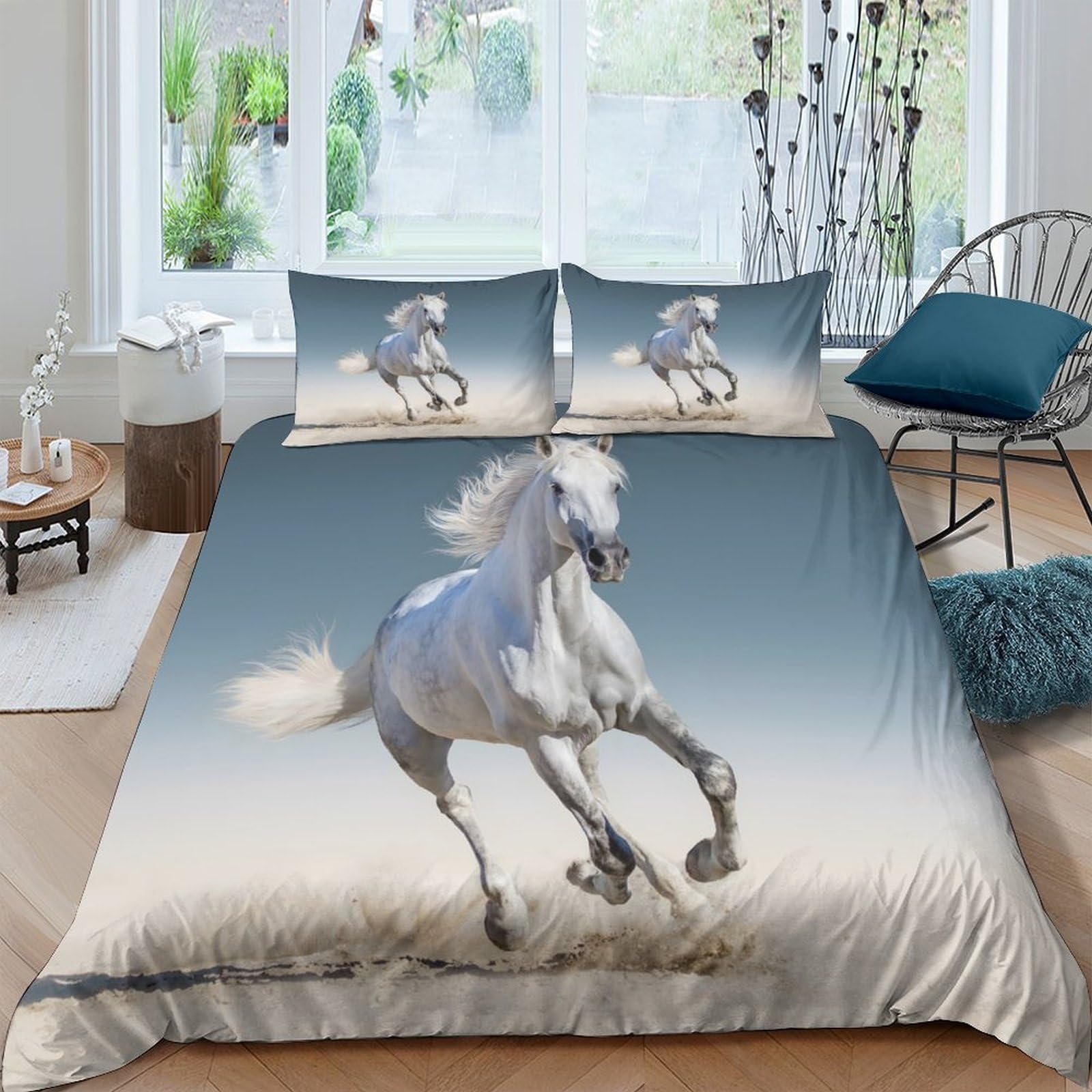 Ctjqhvkz Style-2 3D Printed White Horse Fitted Sheet Microfiber Soft Breathable Running Stallion Bed Cover For Bedroom Guestroom Decor Single（135X200cm）