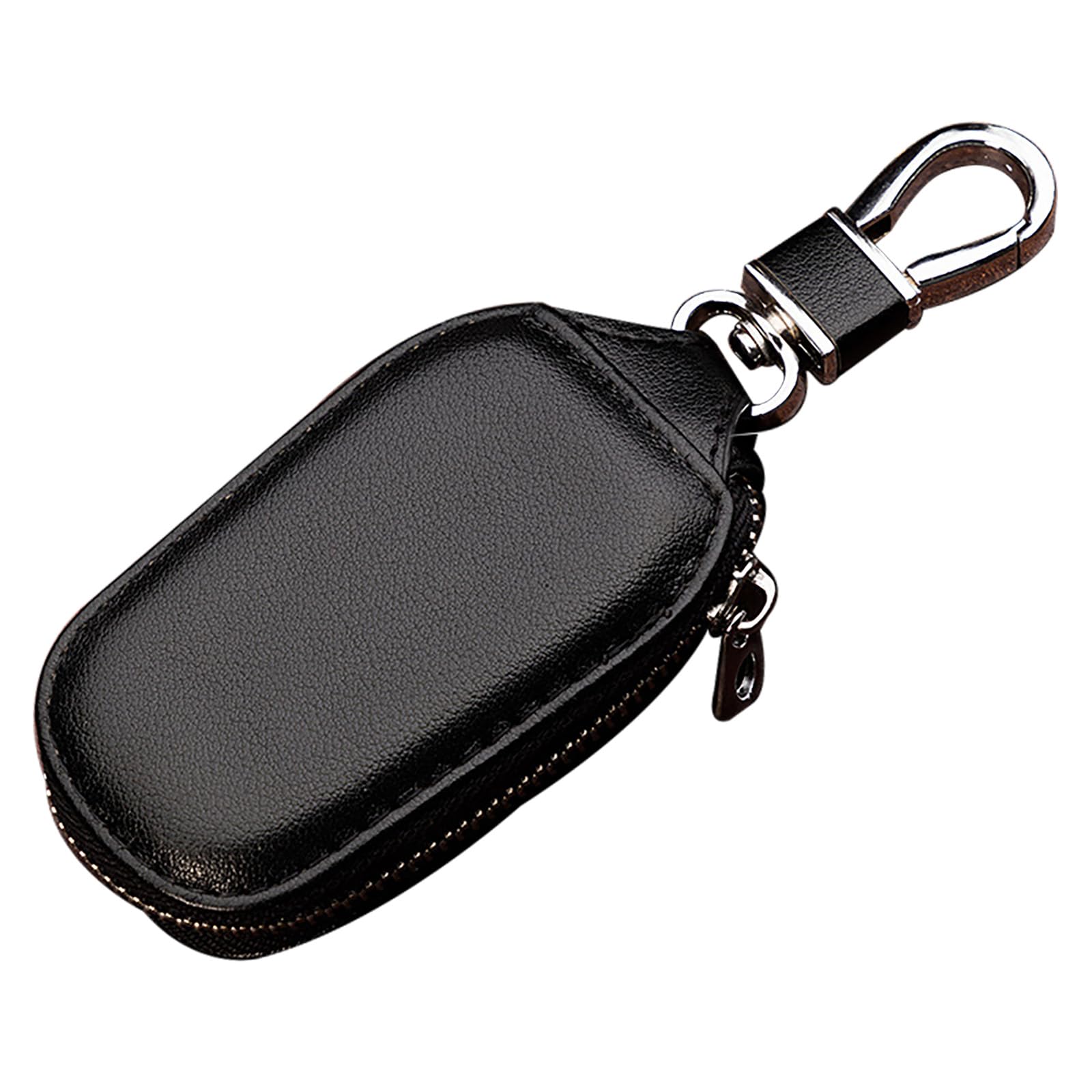 1 PC Car Key Case, Leather Zipper Lock Remote Keychain Protector with Metal Hook, Universal for Most Cars (Black)