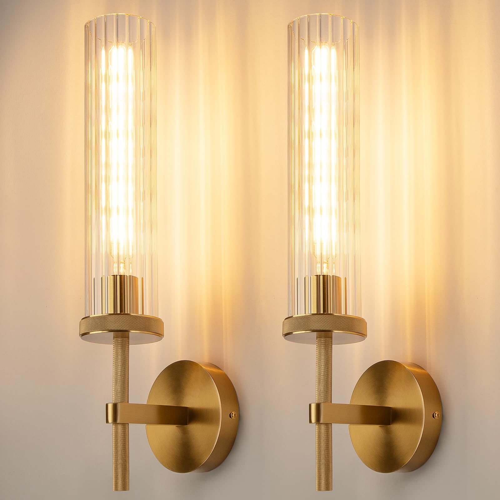 19.5" Knurled Gold Hardwired Wall Sconces Set of 2, Bathroom Vanity Light Fixtures with Vertical Striped Glass Tube, Modern Lamp Lighting for Bedroom,